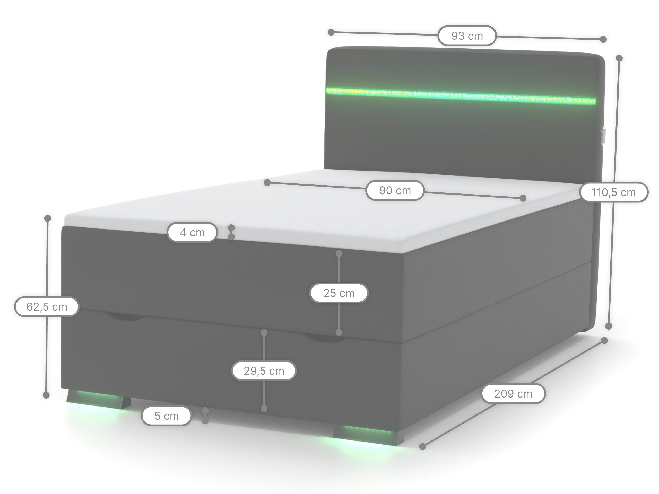 mit Bettkasten, USB-Anschluss Boxspringbett LED-Beleuchtung, Ontario, Topper wonello 2x und