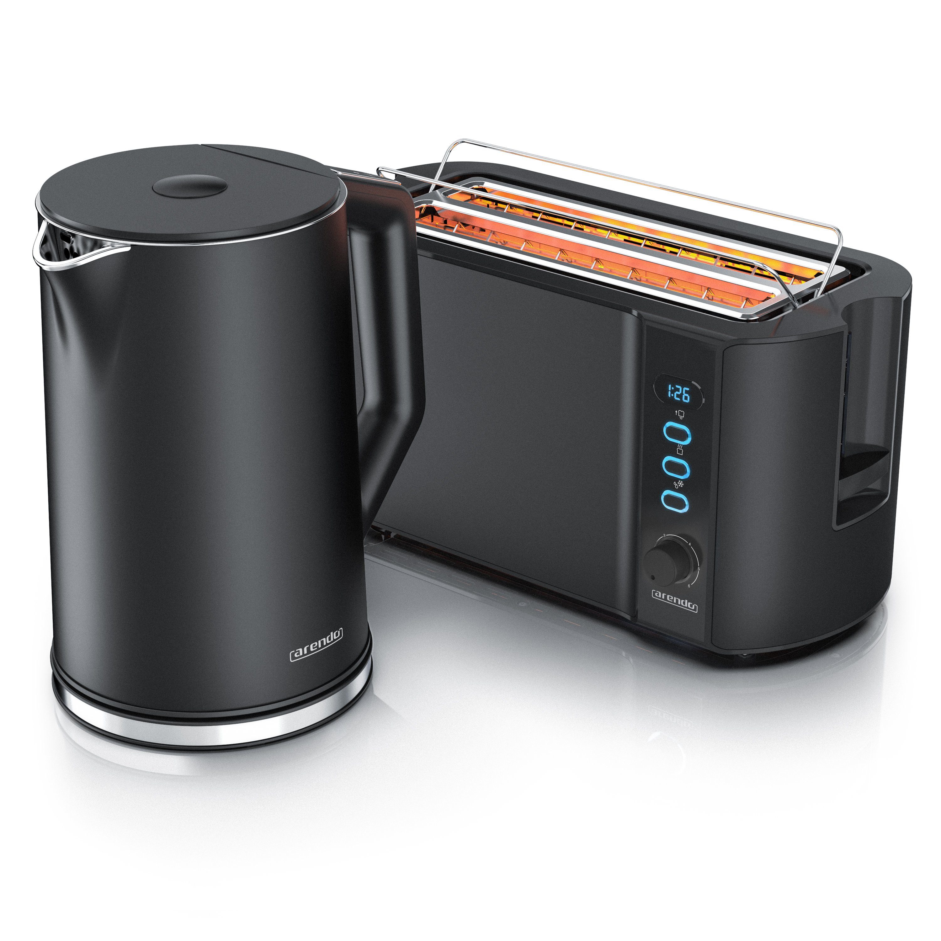 Arendo Frühstücks-Set Edelstahl Wasserkocher 1,5l, 4-Scheiben Langschlitz Toaster, Schwarz (2-tlg), BPA-frei, GS-geprüfte Sicherheit, perfekt fürs Familienfrühstück
