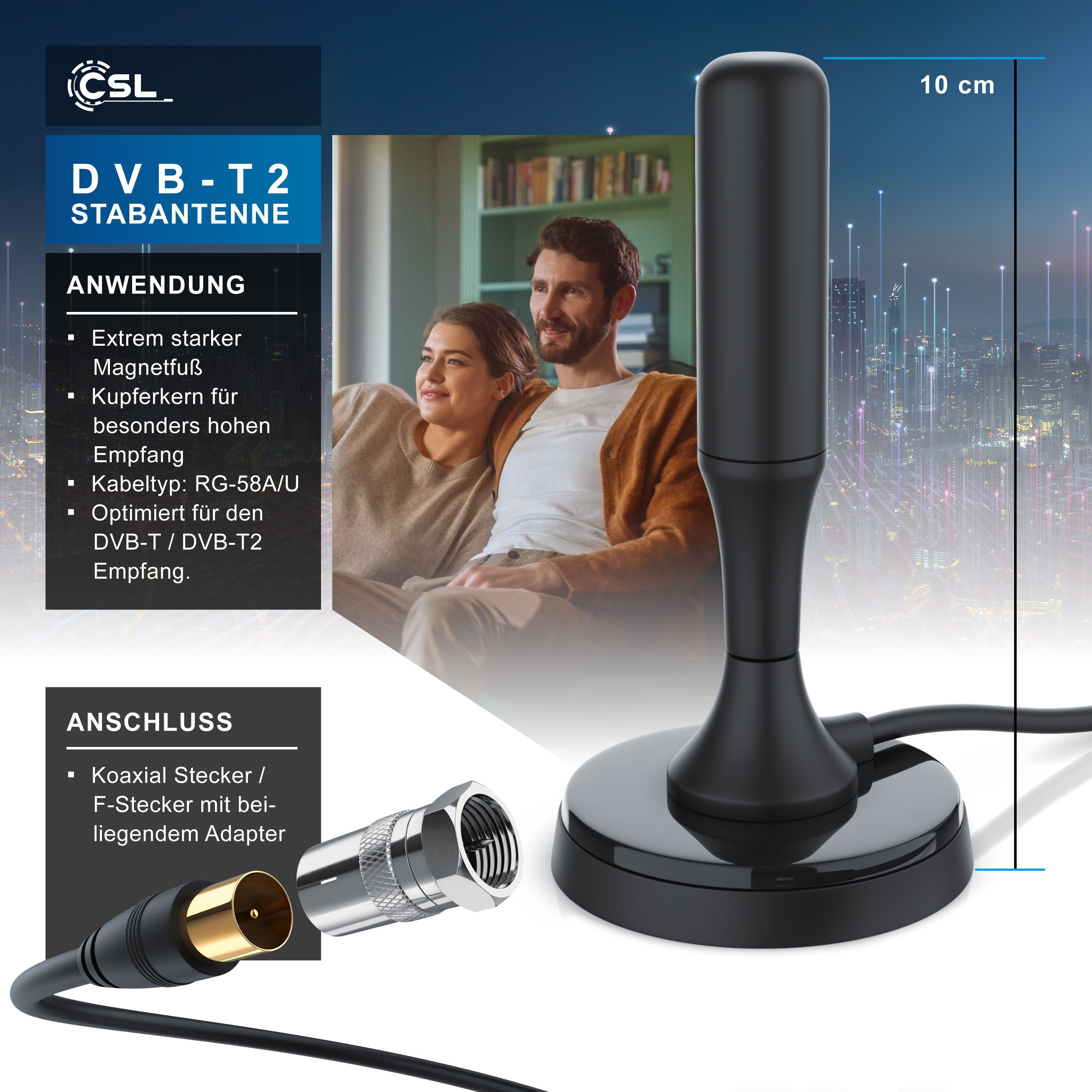 CSL Stabantenne (DVB-T, DVB-T2, für Innenbereich), digitale Antenne mit 4m Kabel / inkl. F-Stecker Adapter
