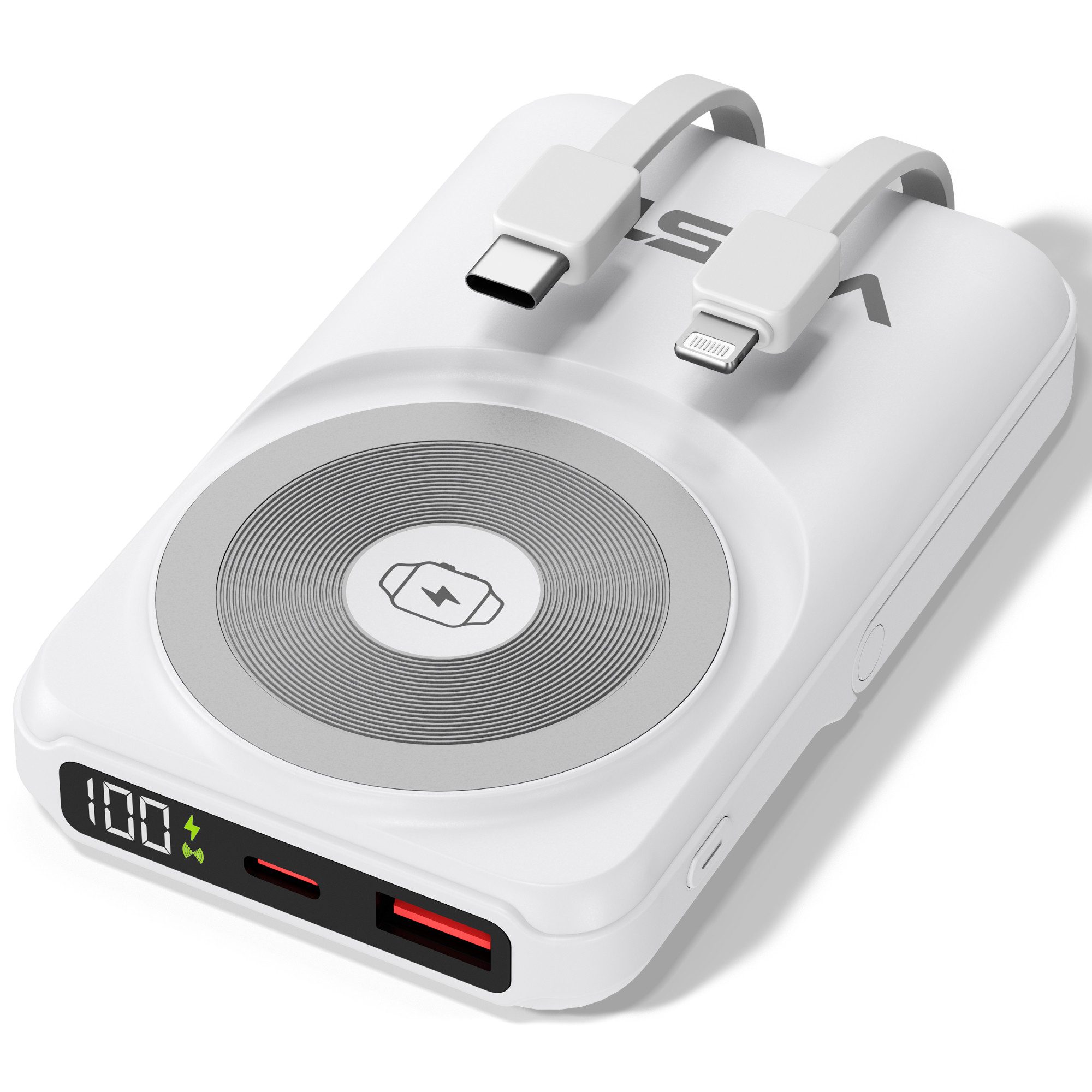 VIESTA 10.000 mAh - P41A-WE - ALL IN ONE Powerbank Powerbank, Apple Watch Charger,integrierte Kabel USB-C & Lightning,LED-Display