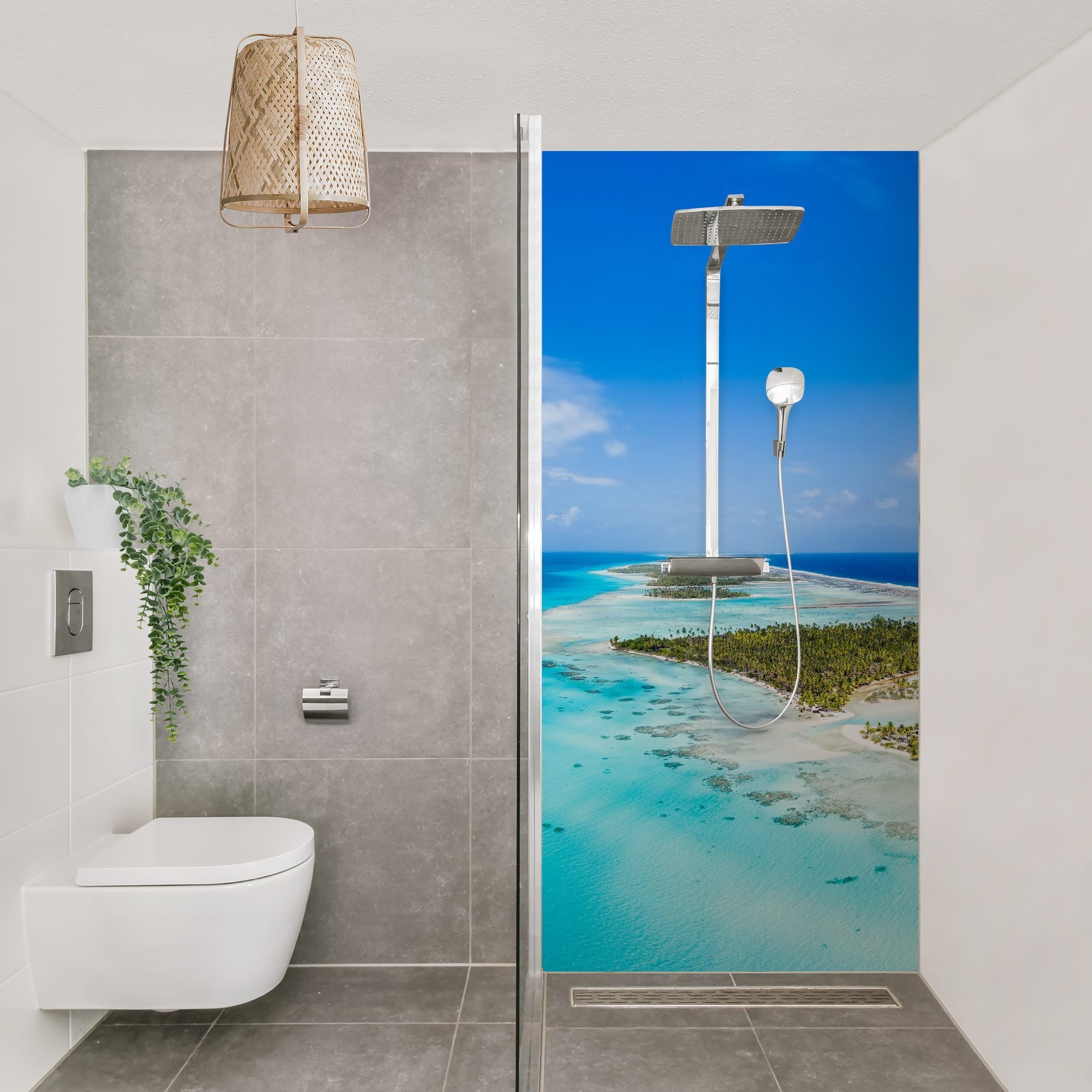 Bilderdepot24 Duschrückwand Strand türkis Duschrückwand ohne Bohren Dusche Natur Meere, (1-tlg., 0,61 mm starke Folie selbstklebend Wandpaneele Dusche versch. Größen), fugenlose & wasserfeste Motiv Rückwand Wandverkleidung für Duschkabine