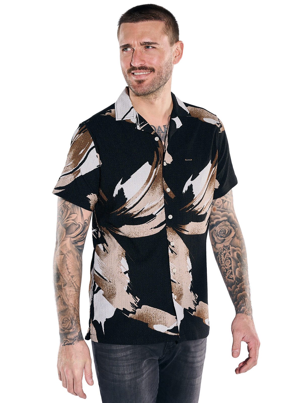emilio adani Kurzarmhemd Herren Kurzarmhemd mit All-Over-Druck, Schwarzbraun