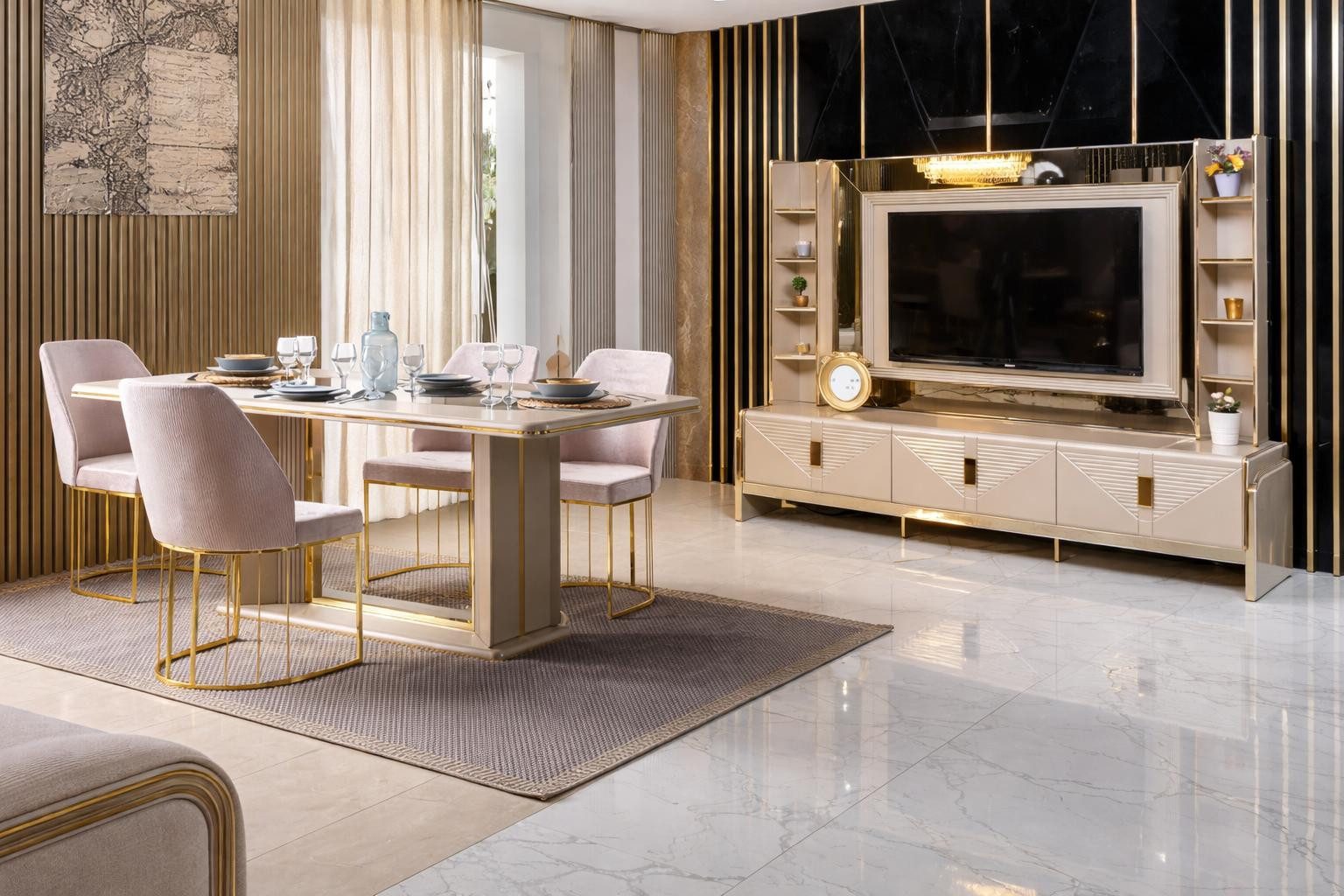 JVmoebel Essgruppe Esszimmer Set Esstisch 4 Stühle Beige Moderner Stil Komfortabel, (6-tlg), Made in Europa