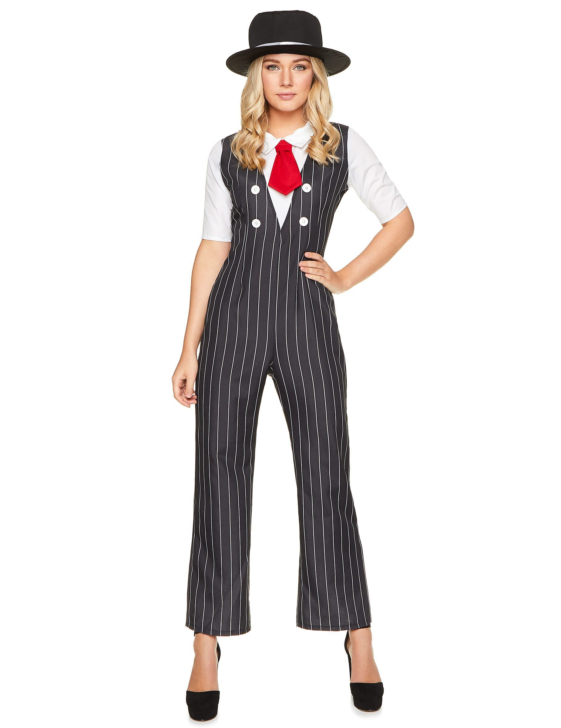 REDSUN Kostüm Damenkostüm Gangster schwarz-weiß-rot