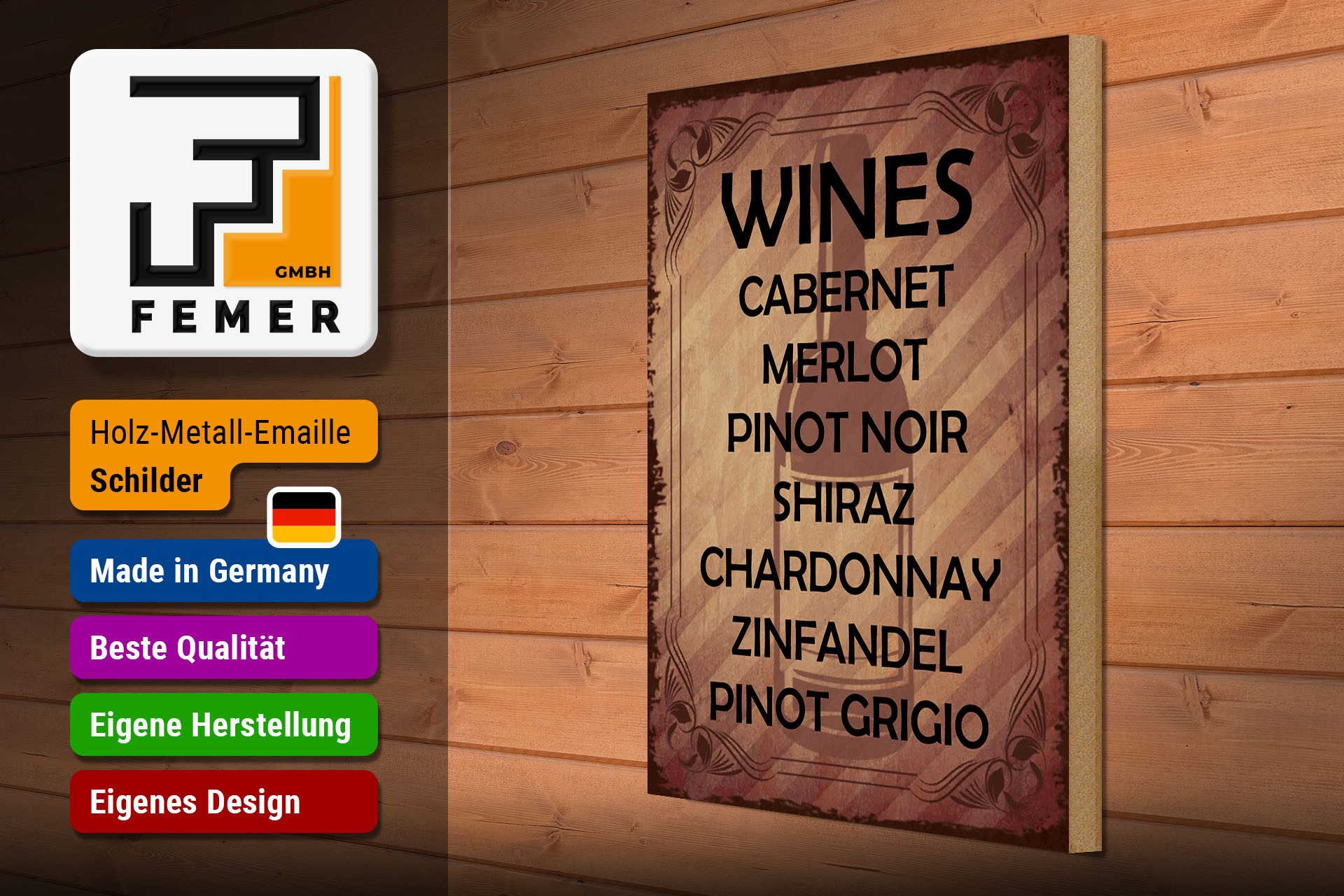 Femer GmbH Holzbild Alkohol 30x40 cm Wines 7 Weinsorten aufgelistet, (1 St), Glatte Holzfaserplatte (MDF), vorn beschichtet