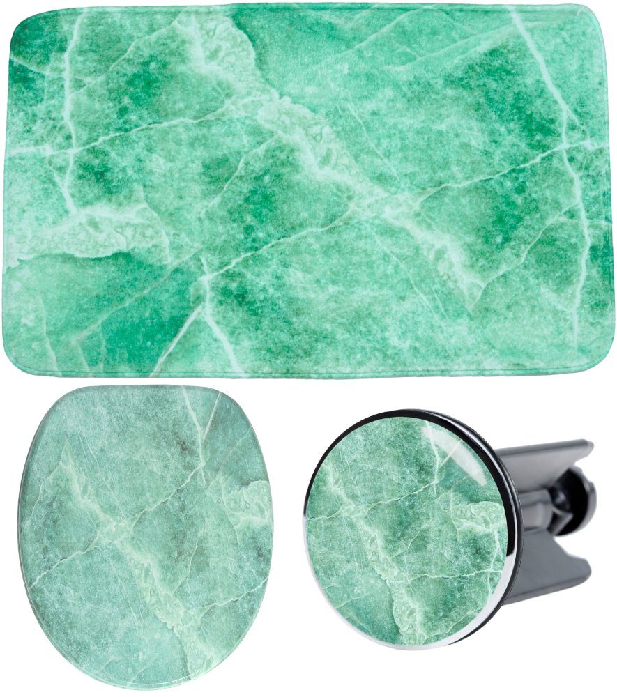 Sanilo Badaccessoire-Set 3-teilig Marmor Grün, WC-Sitz mit Absenkautomatik, Badteppich 70 x 110 cm, Waschbeckenstöpsel, 3 tlg., hochwertig & modern, universell, leichte Montage