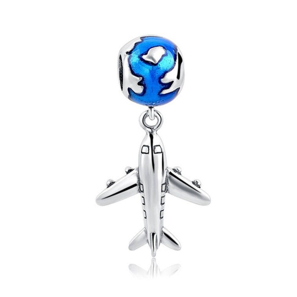 PANDACHARMS Bead Flugzeug mit Weltkugel Charm Anhänger, 925er Silber, emailliert