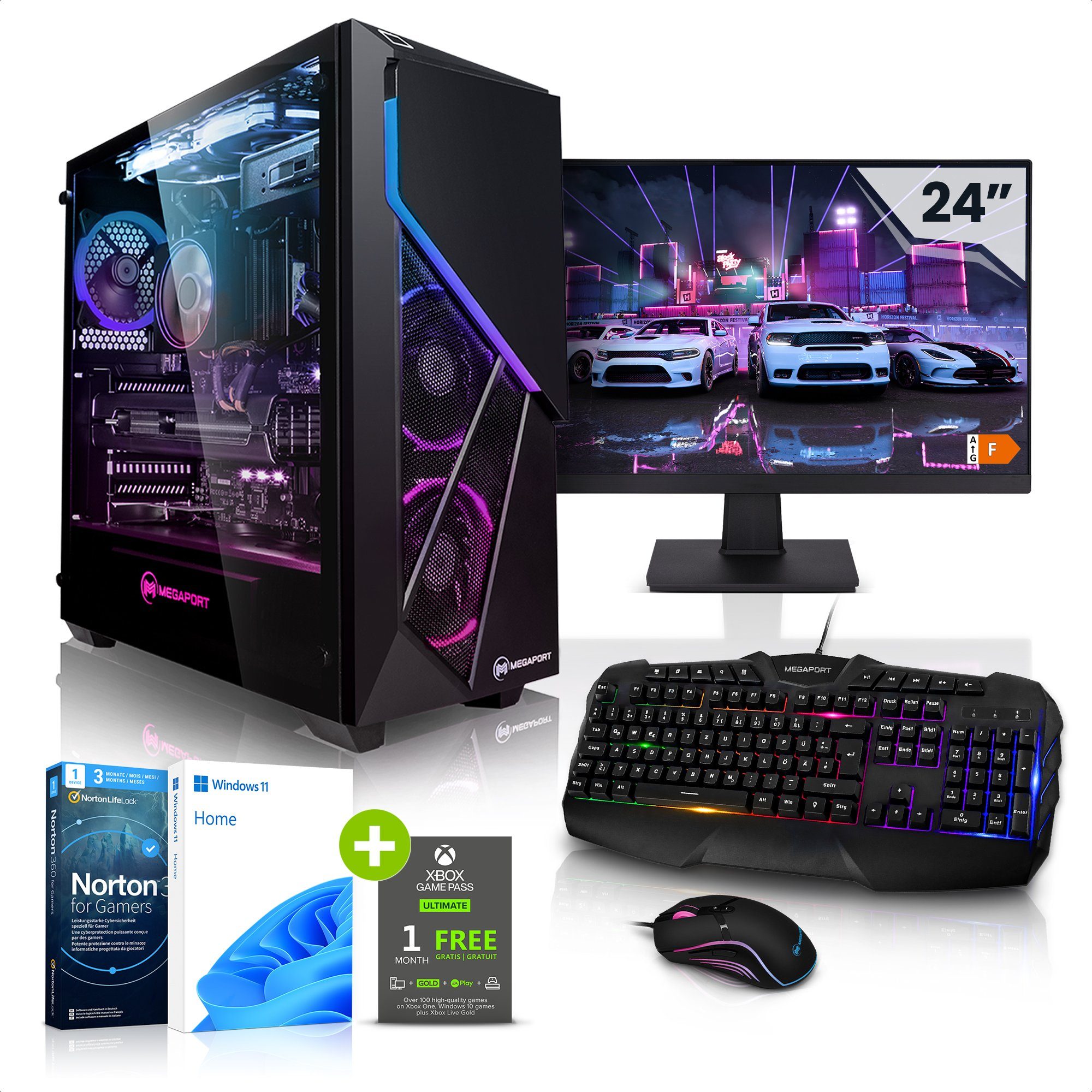 Gaming-PC-Komplettsystem 8GB, Ti Megaport 5600 SSD, (24", 5600, AMD Windows 11, GB RAM, 6x3,50 5 GB 16 GeForce RTX GHz WLAN) 1000 Ryzen 4060