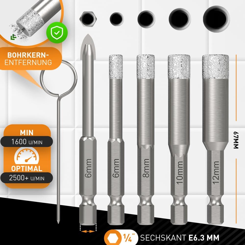 Hardtwerk® Diamanttrockenbohrer Set 6-teilig inkl. Reinigungspin, für Keramik Granit Quarz Kalkstein Marmor Diamantkornung Fliesenarbeit