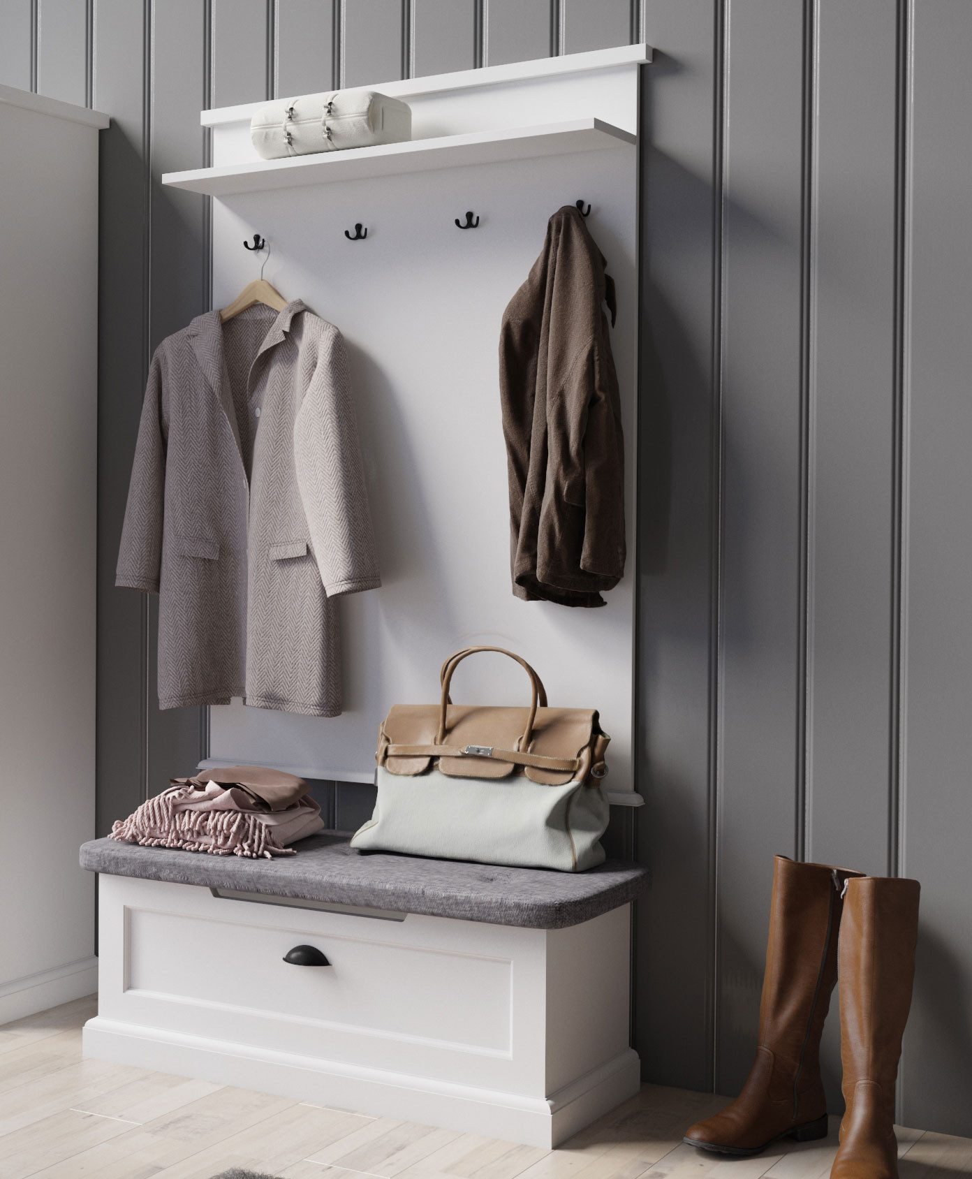 Feldmann-Wohnen Garderoben-Set Galineo, (1x Wandpaneel, 1x Sitzbank,1x Ablageboden, ABS-Kanten, Polsterung in grau, 2-St., Ein praktisches Garderoben-Set im Landhaus-Stil), 100x42x184,5cm, Farbe weiß, Garderoben-Set, 2-teilig