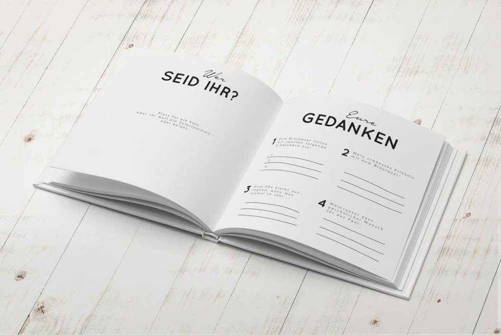 bigdaygraphix Notizbuch Hochzeits-Gästebuch Schwarz-Weiß 22x22 Quadrat, Fragen, Vorgefertigte Fragen für besondere Einträge.