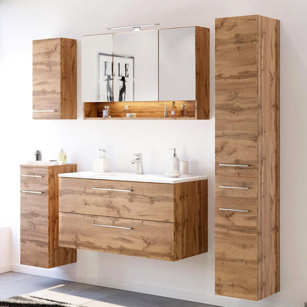 Lomadox Badmöbel-Set LOUNY-03, (Spar-Set, 5-St), Badmöbel Kombination in Wotaneiche Nb., B/H/T: ca. 200/200/48 cm