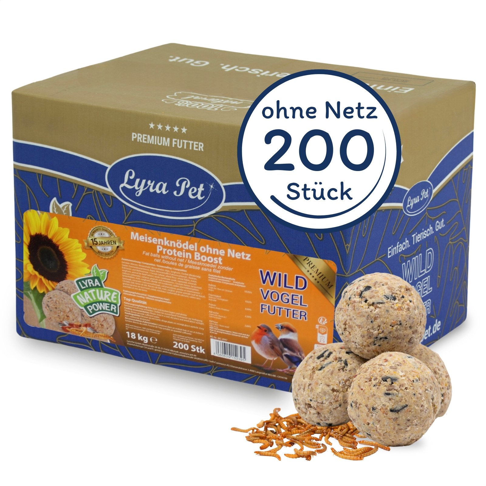 Lyra Pet 200 Stk. Lyra Pet® Meisenknödel Protein Boost Mehlwürmer ohne Netz, für: Wildvogel