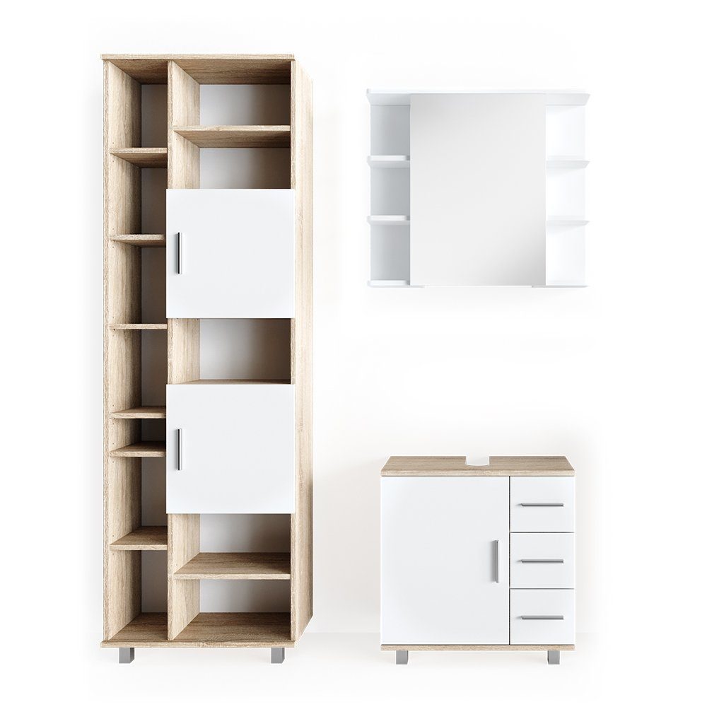 Badmöbel-Set Ilias, Weiß/Sonoma, 3 Teile, mit Hochschrank
