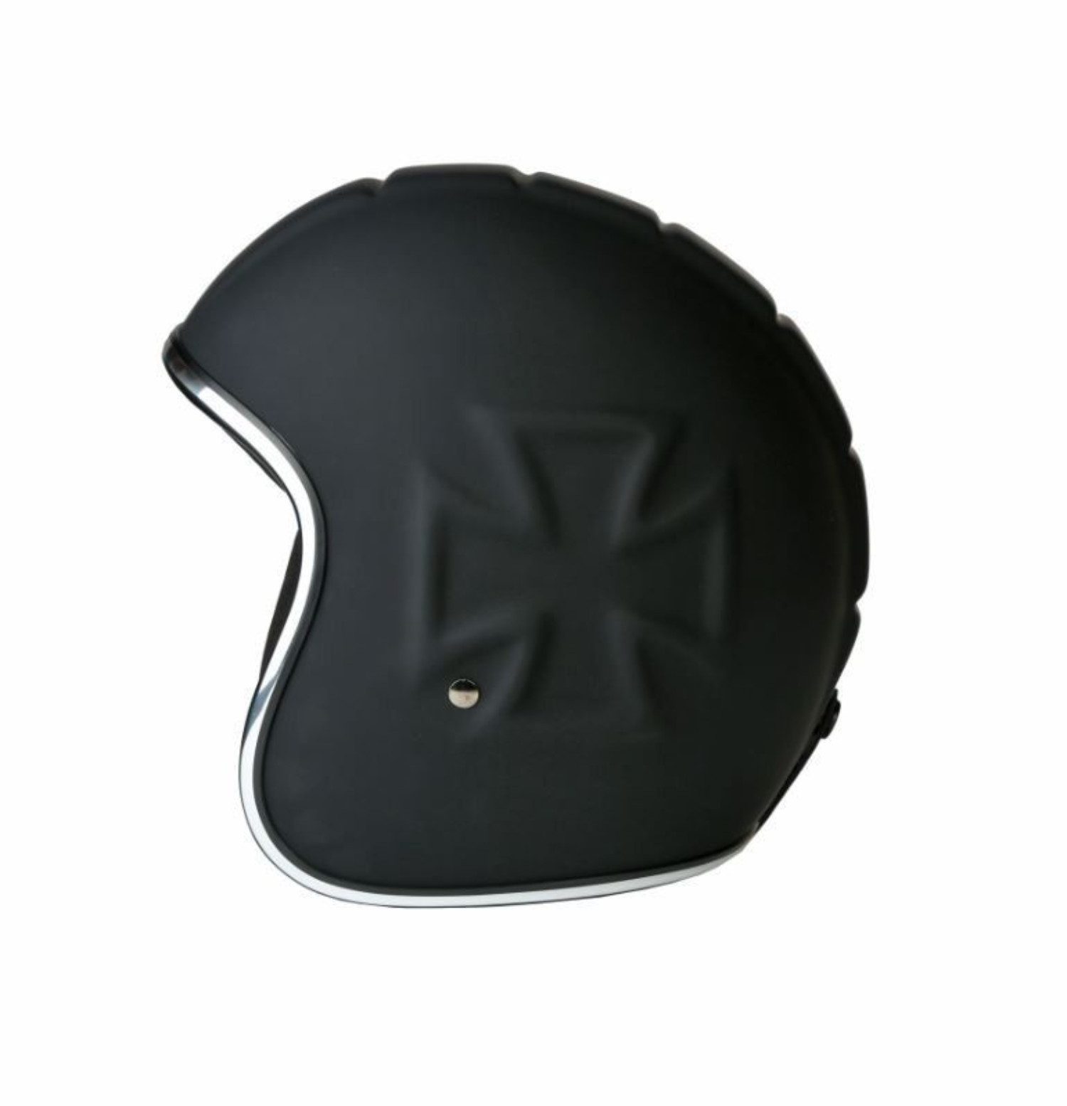 Alpha Speeds Motorradhelm ATELIER — Classic 3D Iron-Cross, Jet-Helm • Fiberglas • Matt Schwarz, nur ca. 800 g, inkl. herausnehmbare Wangenpolster, Slim & Smart  – Bild 2 von 2