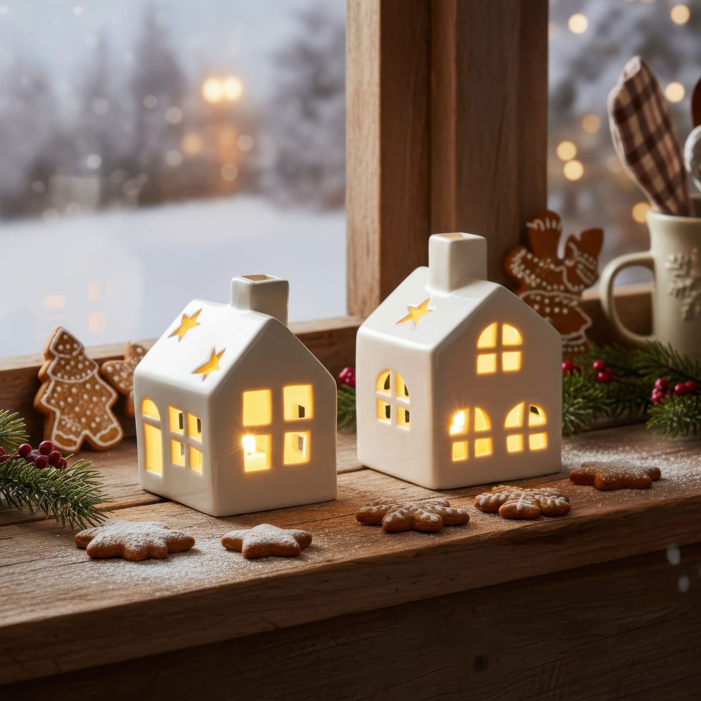 Levandeo® Teelichthalter, 2er Set LED Haus Weiß Porzellan Lichthaus Tischdeko Skandi Design