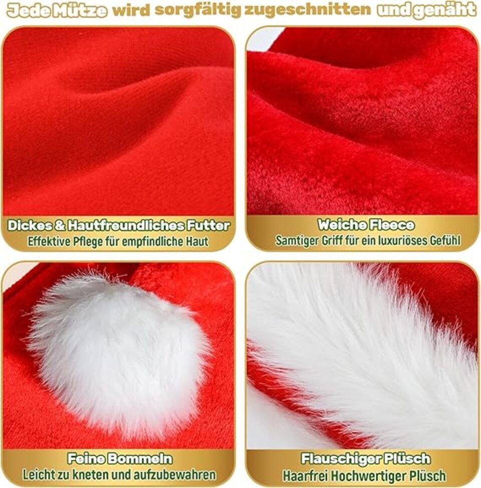 Montegoni Bommelmütze 2 Stk. Premium Qualität Weihnachtsmütze Nikolausmütze aus Weiche Samt (Einzelprodukt, 2-St., 1 Stück Weihnachtsmütze) Rote Santa Mütze, Flauschig weich, Warm & leicht, für festliche Partys