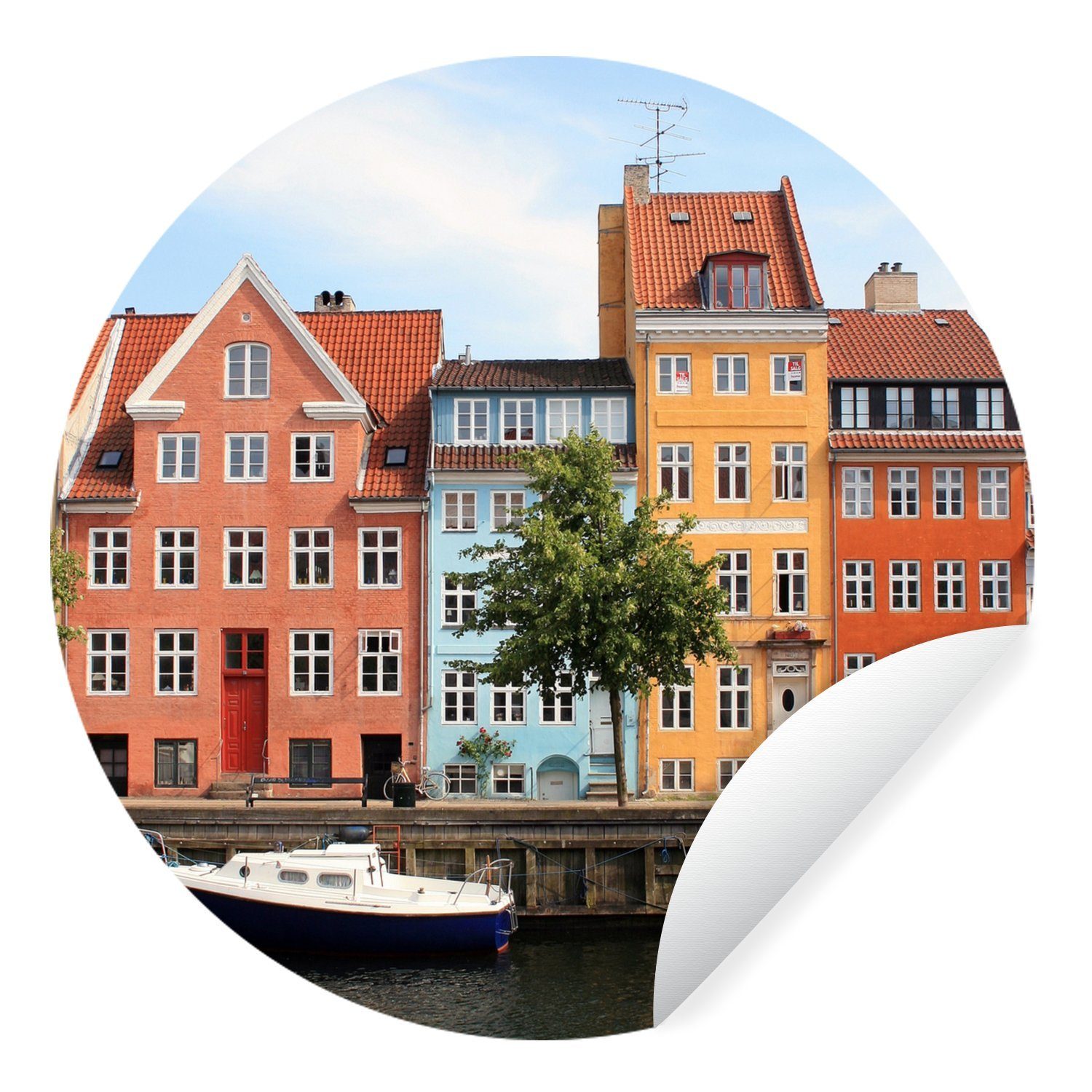 MuchoWow Wandsticker Bunte Häuser am Wasser in Kopenhagen - Dänemark (1 St), Tapetenkreis für Kinderzimmer, Tapetenaufkleber, Rund, Wohnzimmer