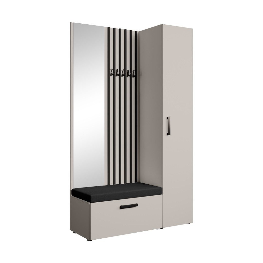 Beautysofa Garderoben-Set MARGARET Flurgarderobe mit Spiegel, (Kleiderschrank, Schuhschrank, Sitzbank, Kleiderstange, Flurmöbel-Set mit Lamellen), verschiedene Farben und Breiten