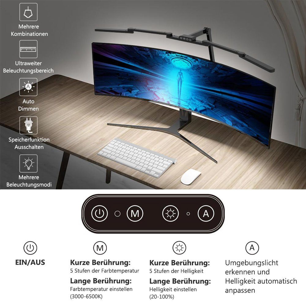 LED 105CM intelligenter 5 Stufen (3000K-6500K), Schreibtischlampe Büro Touch-Steuerung, LED Farbtemperatur 1300 dimmbar, (3000K-6500K) 24W MUPOO Schreibtischlampe LM, 5 5 Farbtemperatur Helligkeitsstufen, LED Lichtbalken, Stufen Helligkeitsstufen, Lichtsensor, der 5 der Einstellbarer Tischlampe,