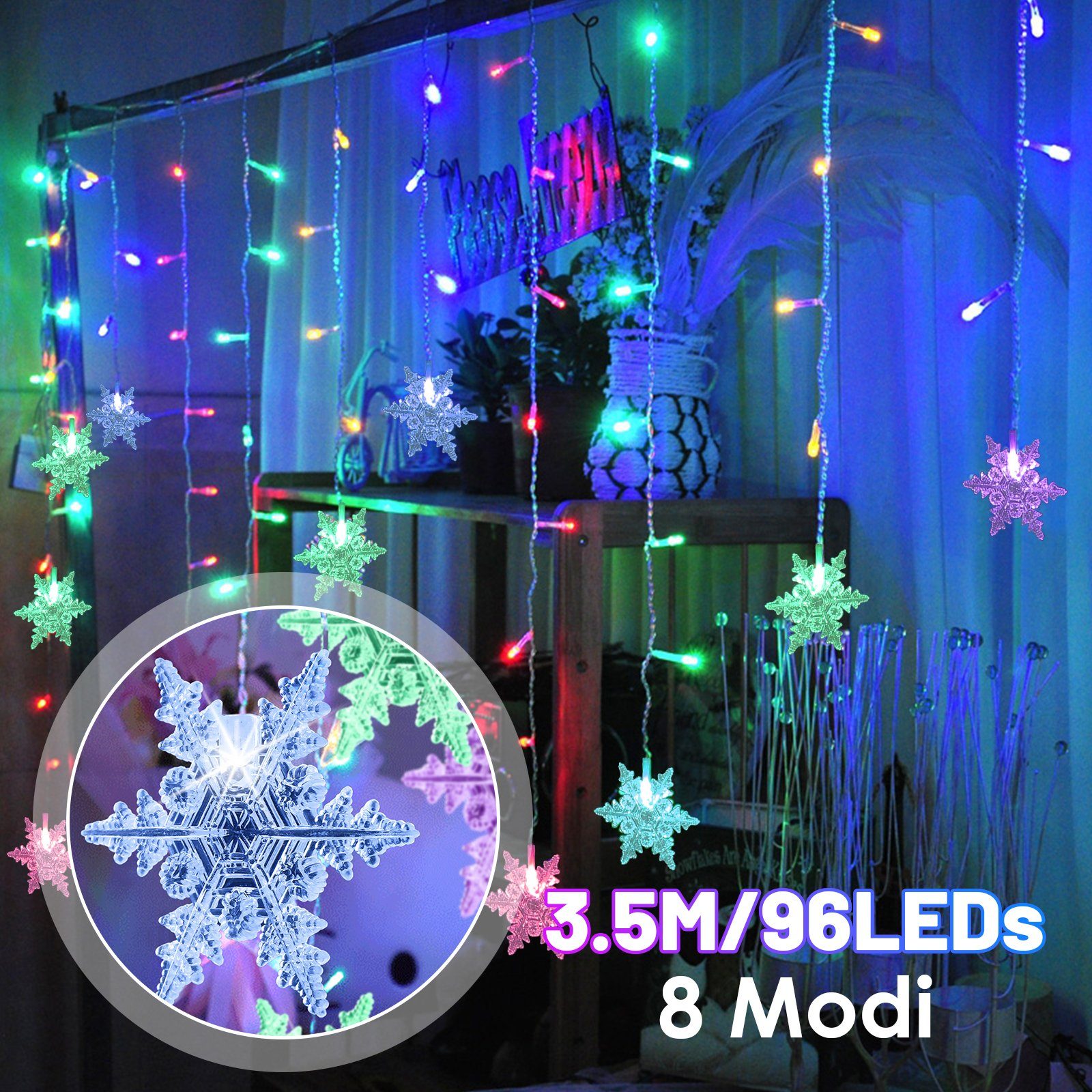 Schneeflocke bunt 3.5M Clanmacy Lichtervorhang PartyLicht LED-Lichterkette Lichterkette beleuchtung IP44 LED Beleuchtung weihnachten