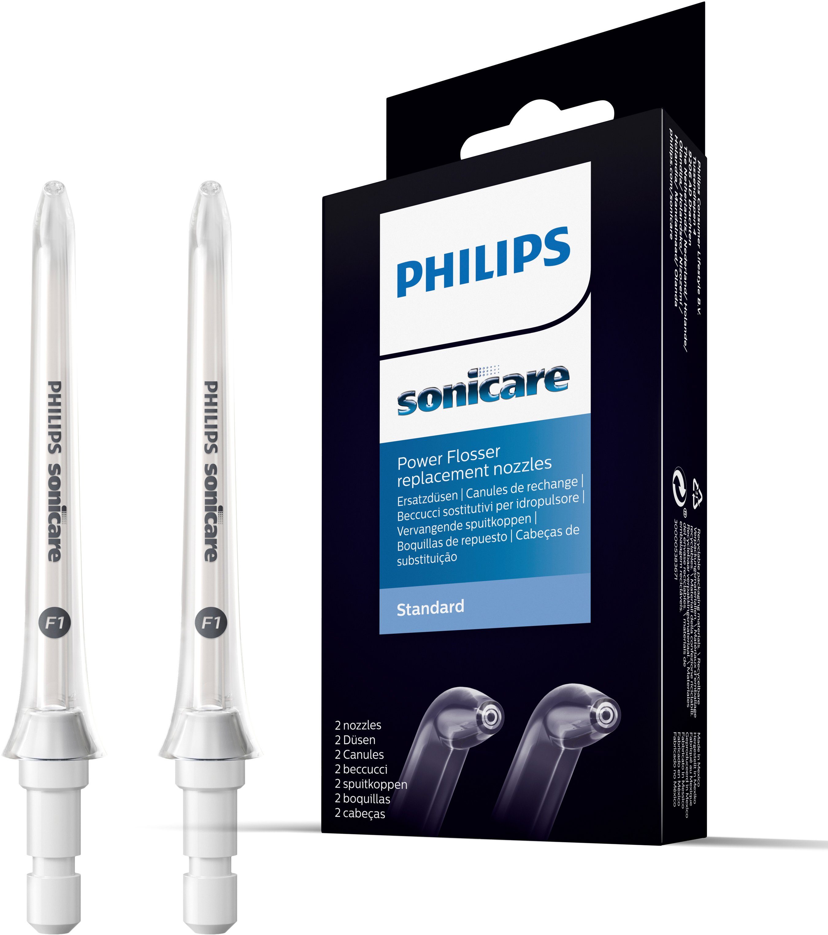 Philips Sonicare Mundduschen-Ersatzdüse F1 Standard Aufsteckdüse HX3042/00, angewinkelte Form, kompatibel mit jeder Philips Sonicare Powerflosser