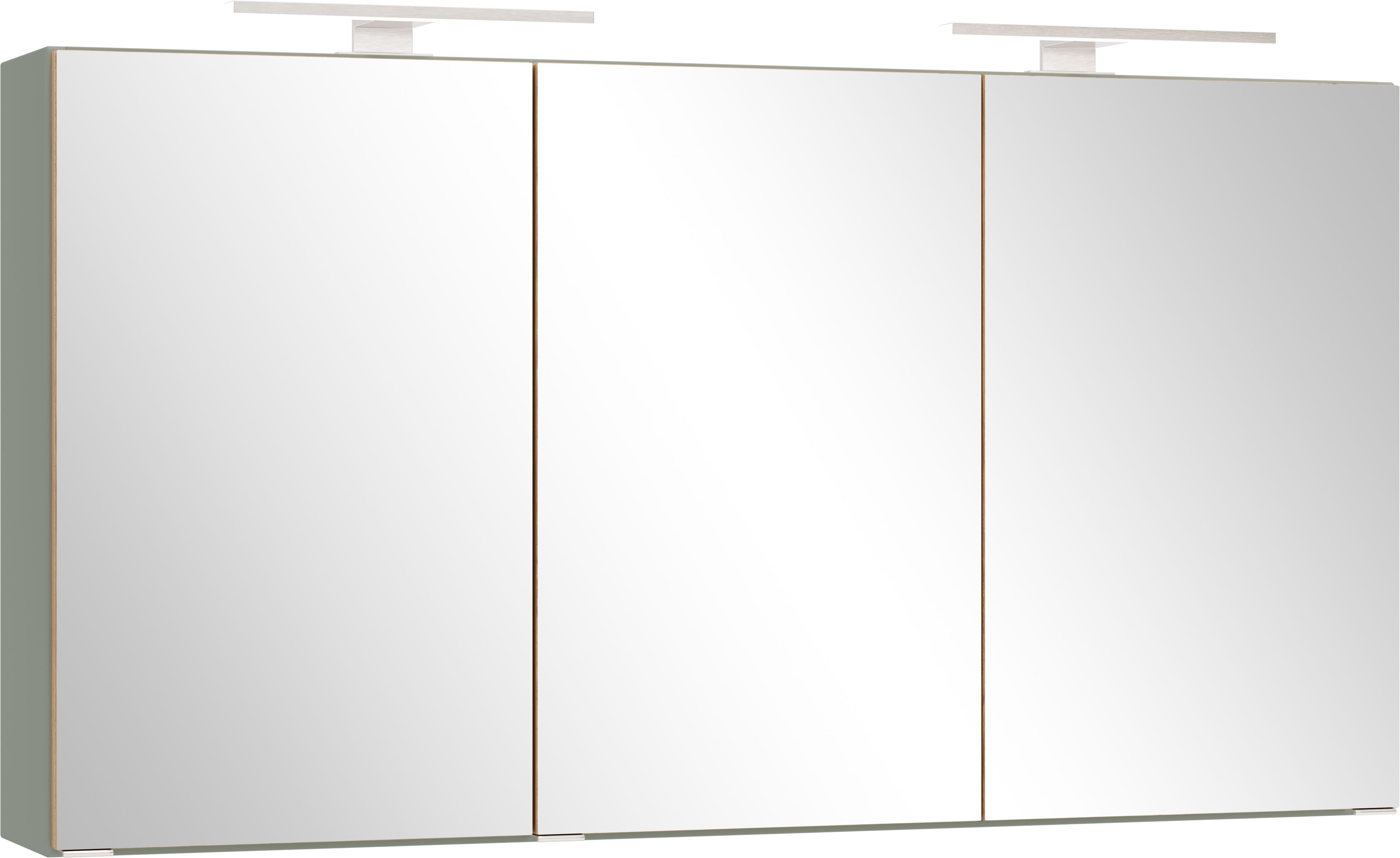 welltime Spiegelschrank TRIENT, 3D-Spiegelschrank 120 cm, gedämpfte Scharniere (Maße (B/H/T): ca. 120/64/20 cm) Schilfgrün/Wildeiche, gedämpfte Scharniere
