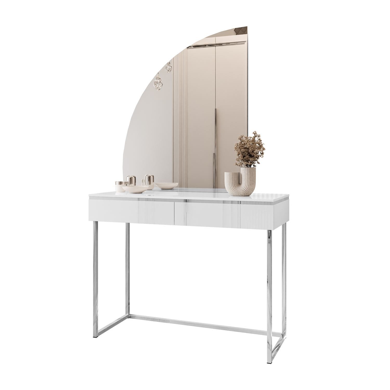 Lookway Schminktisch AURORA-Q SILVER auf silbernem Gestell (1x Konsole und 1x Spiegl), Breite: 102 cm, Höhe: 78,5 cm, Tiefe: 43,6 cm