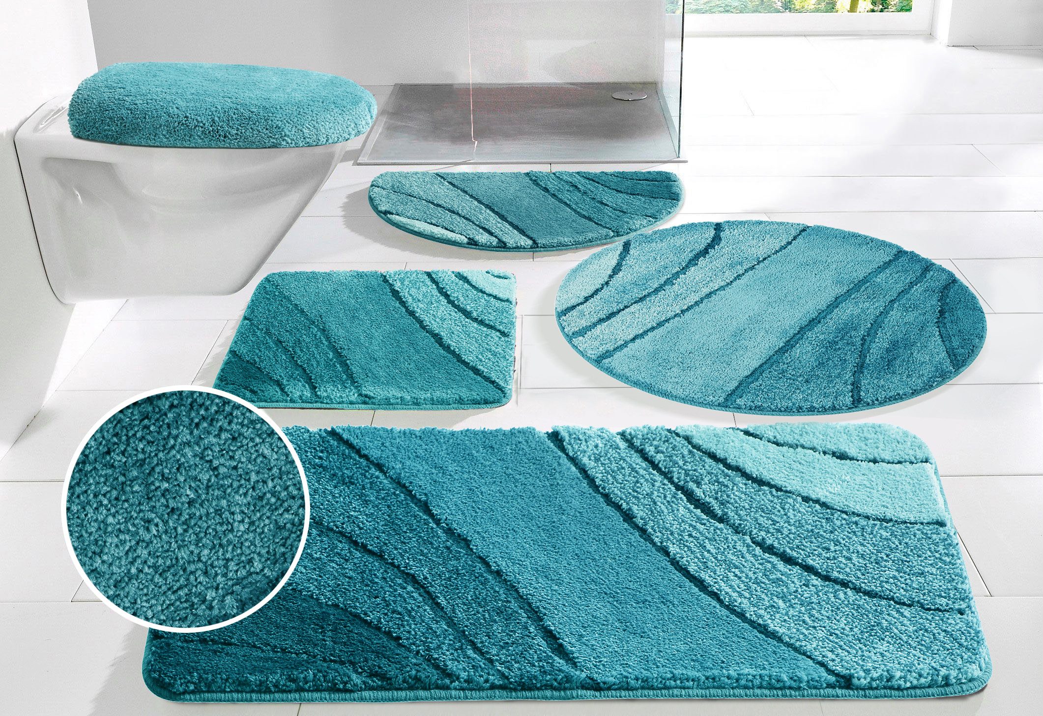 OTTO home Badematte Josie, Badvorleger, Badezimmer Teppich, Höhe 20 mm, rutschhemmend beschichtet, schnell trocknend, strapazierfähig, fußbodenheizungsgeeignet, Polyester, rund, Badteppich, Badematten, rechteckig, rund & als 3-tlg. Set erhältlich
