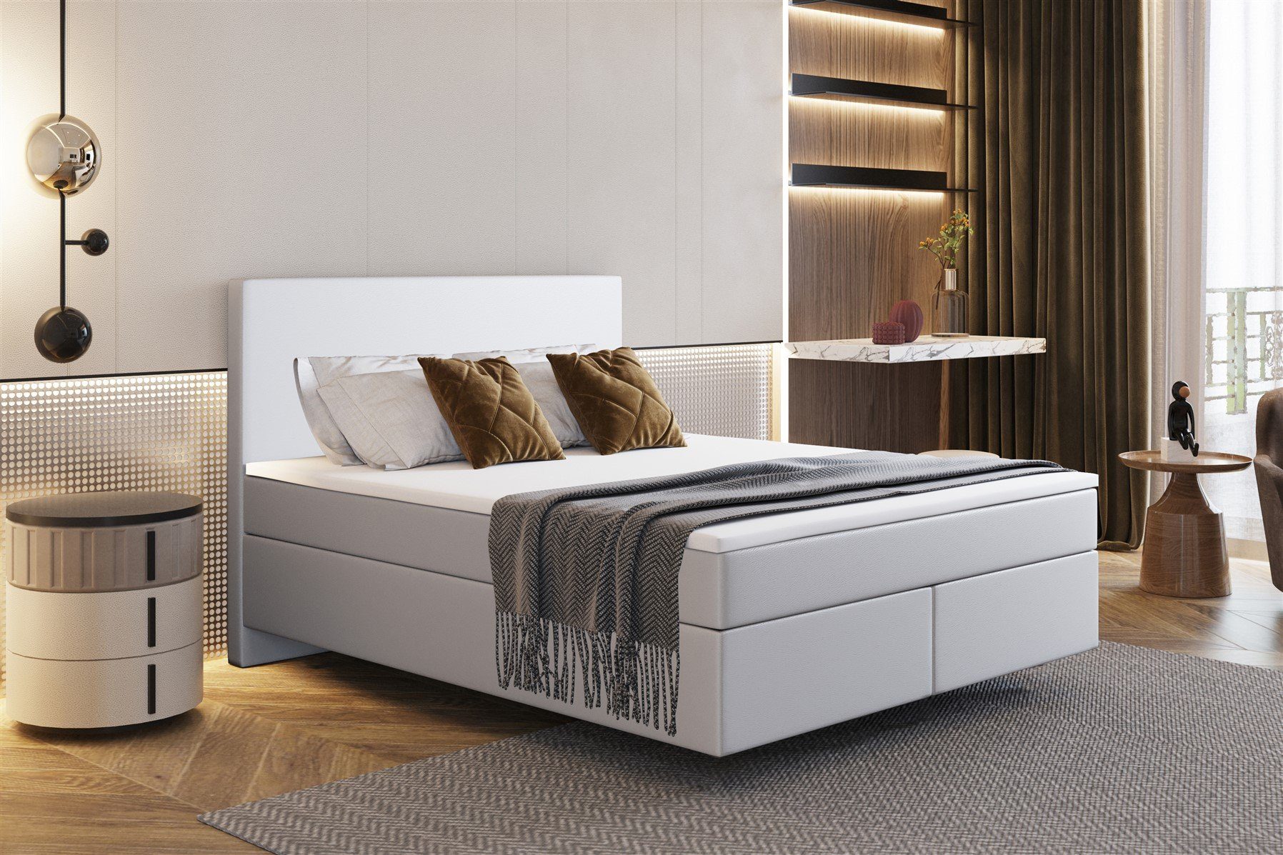 Fun Möbel Boxspringbett Schlafzimmerbett ROCIO DELUX Nr.5 Kunstleder Madryt (inkl. Viscoschaumtopper), Scheinbar schwebende Optik