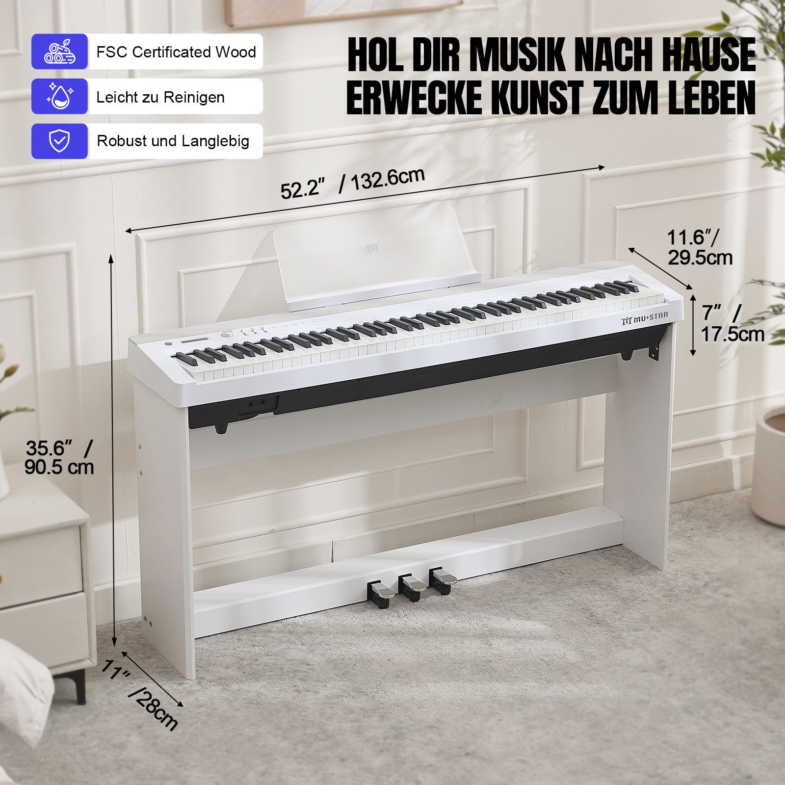 MUSTAR Digitalpiano mit Hammermechanik, 3 Pedalen & USB/MIDI, 88-Tasten (2-St., mit Klavierbank), 3 Pedale Adapter, Dual Transpose-Funktion, Hammermechanik