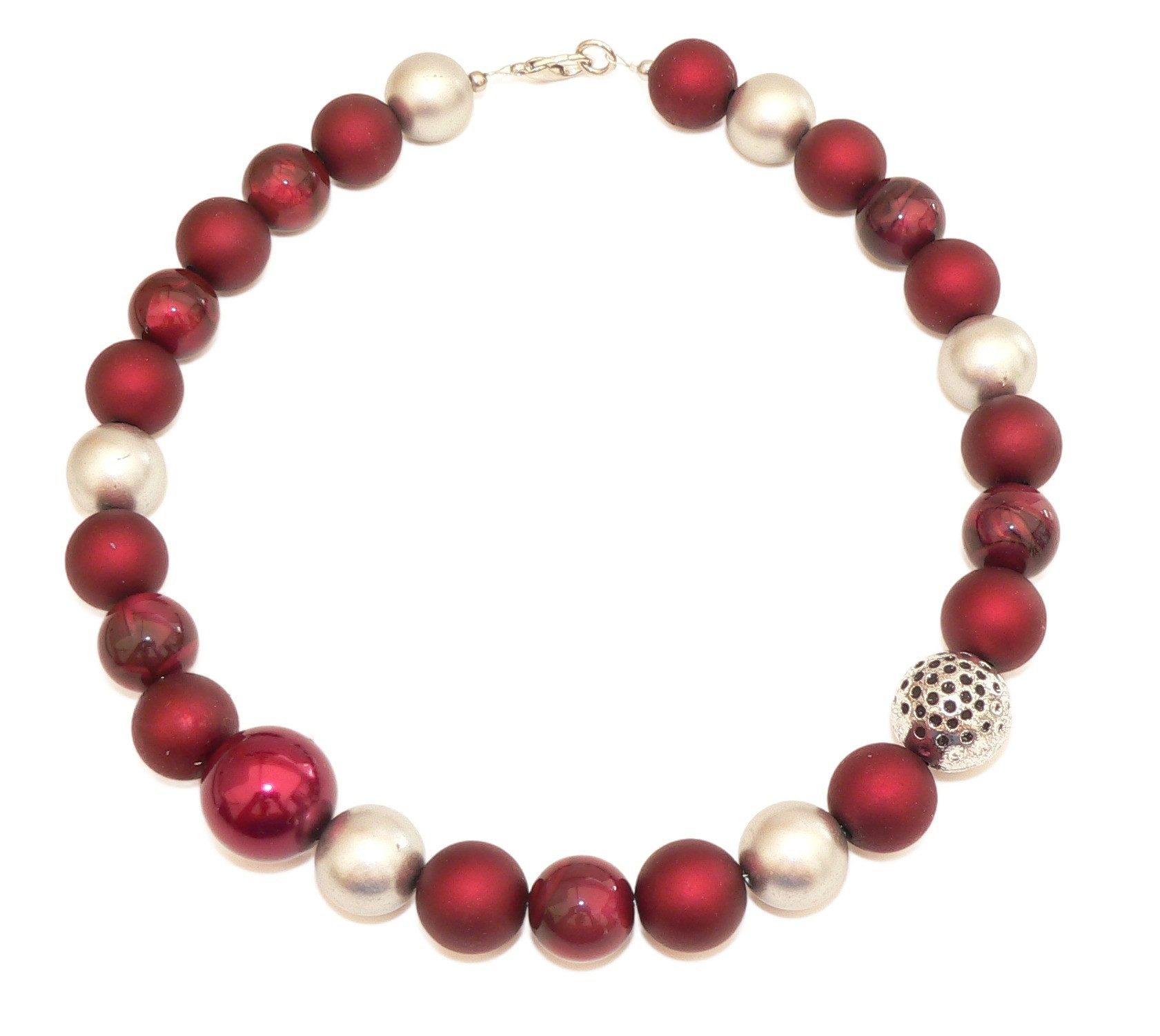 traumschmuck Kette ohne Anhänger 089a Halskette Collier Perlenmix 14-18mm dunkelrot silberfarben (Valentinstag, Geburtstag), handgefertigt