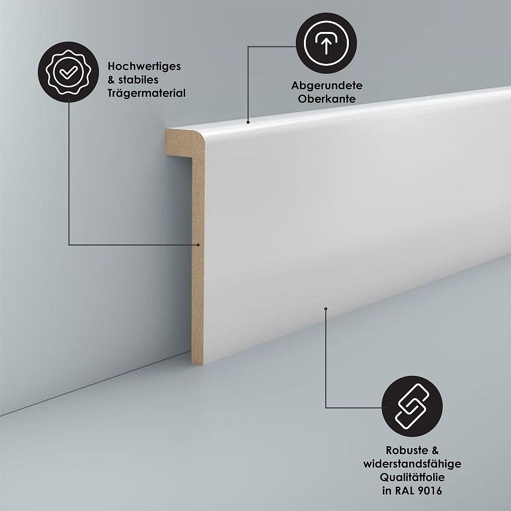 Südbrock Sockelleiste Sockelleiste Abdeckleiste Fliesensockel Verblendung 19x96 RAL 9016, L: 250 cm, H: 9.6 cm, 1-St. – Bild 3 von 4