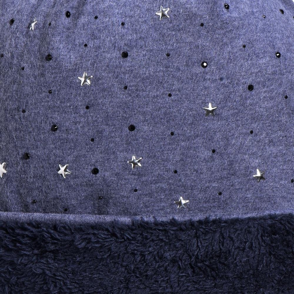 Damen Beanie Sternenprint, (Packung, mit mit blau Teddyfleece Pailletten-, DonDon kleinen Beanie Print 1-St) Sternchen Wintermütze, mit Strass- Slouch oder