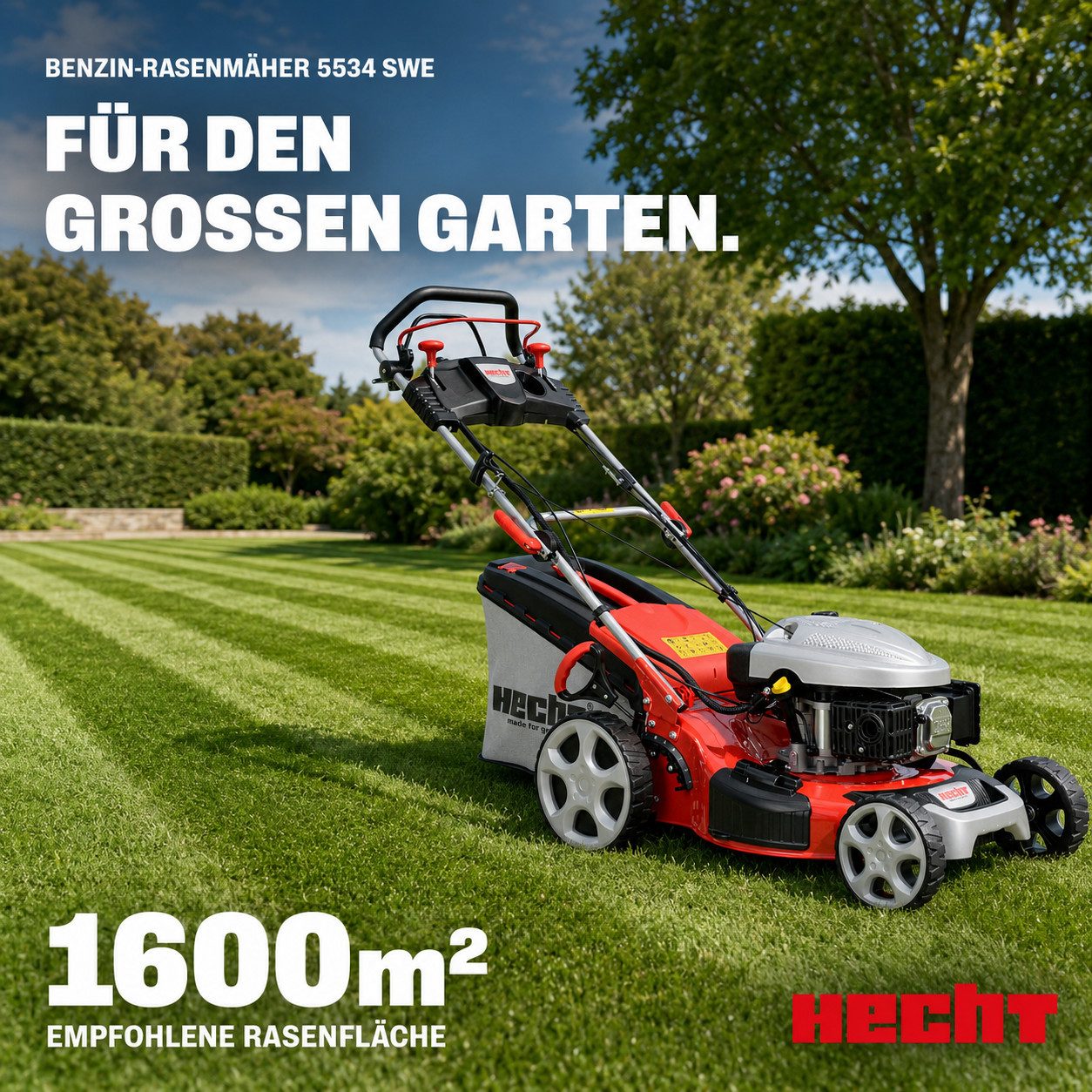 Hecht Benzinrasenmäher mit Antrieb Elektrostart 5in1 Funktion, 4Gänge, bis 4,5km/h, 51 cm Schnittbreite, 4,4 kW / 6 PS, Mulchkit, Seitenauswurf, Zerkleinern