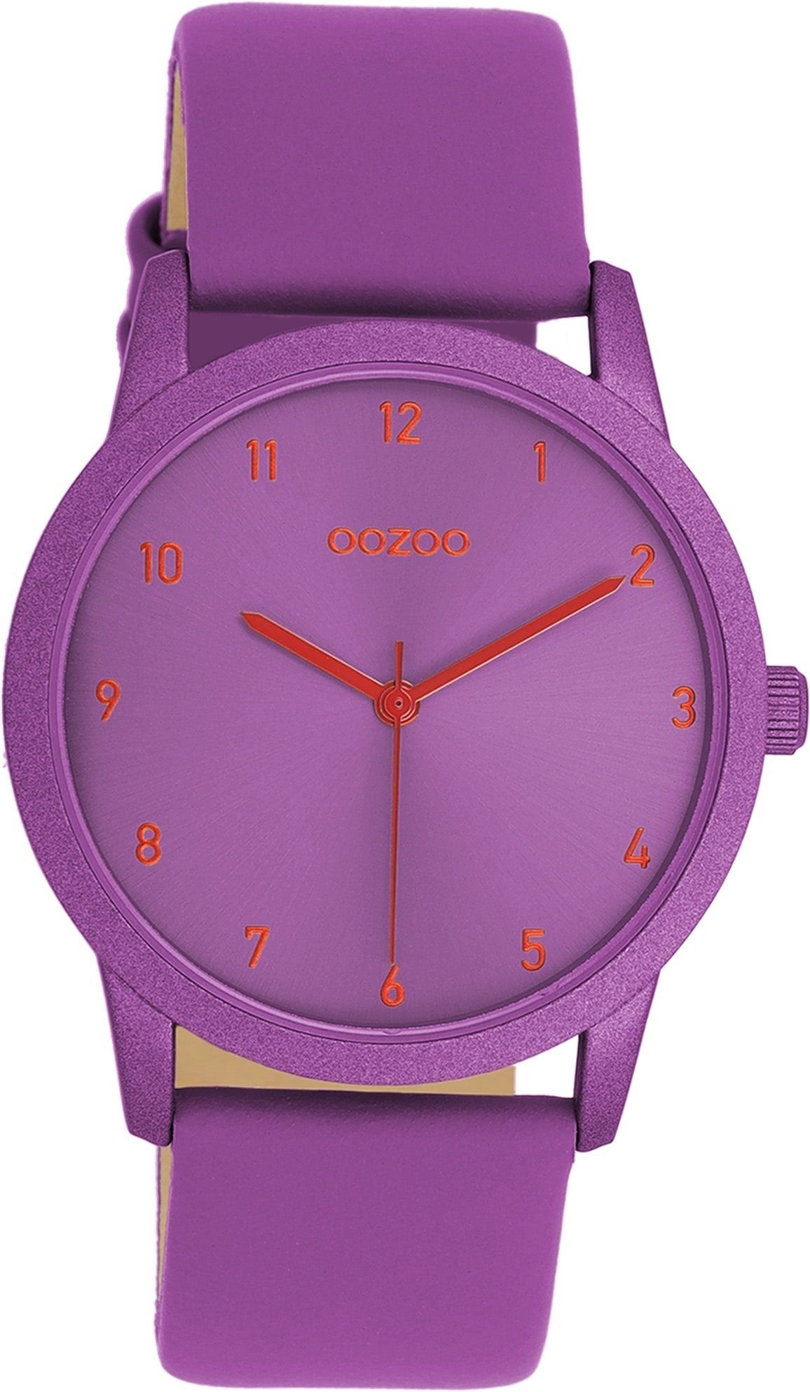 OOZOO Quarzuhr Oozoo Damen Armbanduhr Timepieces Analog, (Analoguhr), Damenuhr rund, mittel (ca. 38mm), Lederarmband lila, Fashion