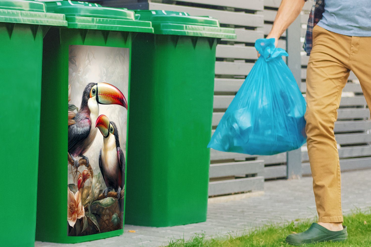MuchoWow Wandsticker Tukan - Abfalbehälter Container, - Vögel Dschungel (1 Blumen Mülltonne, - Sticker, St), Mülleimer-aufkleber