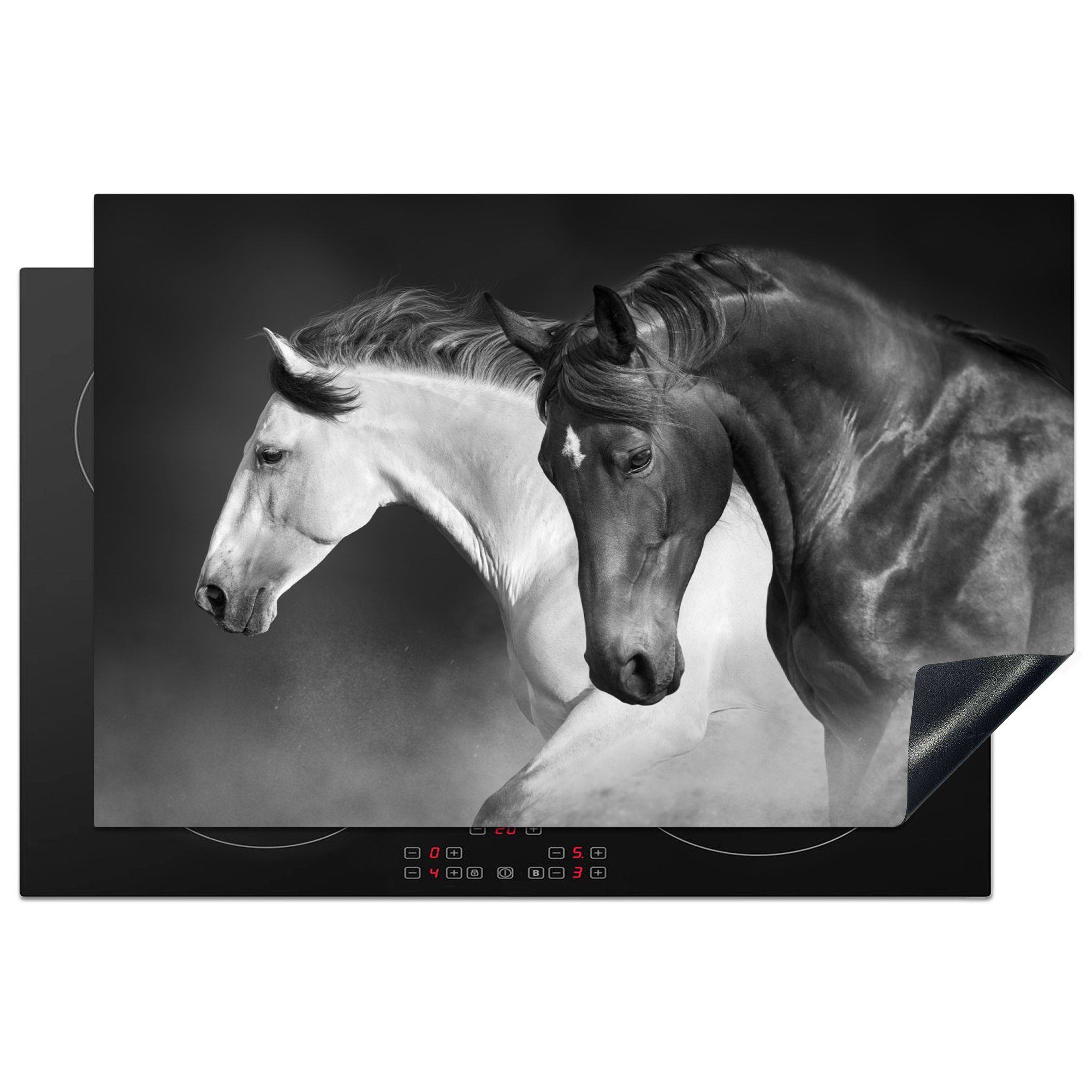 MuchoWow Herdblende-/Abdeckplatte Pferde - cm, Arbeitsplatte Ceranfeldabdeckung, Schwarz Porträt, (1 - tlg), Tiere Vinyl, 81x52 Weiß küche - für 