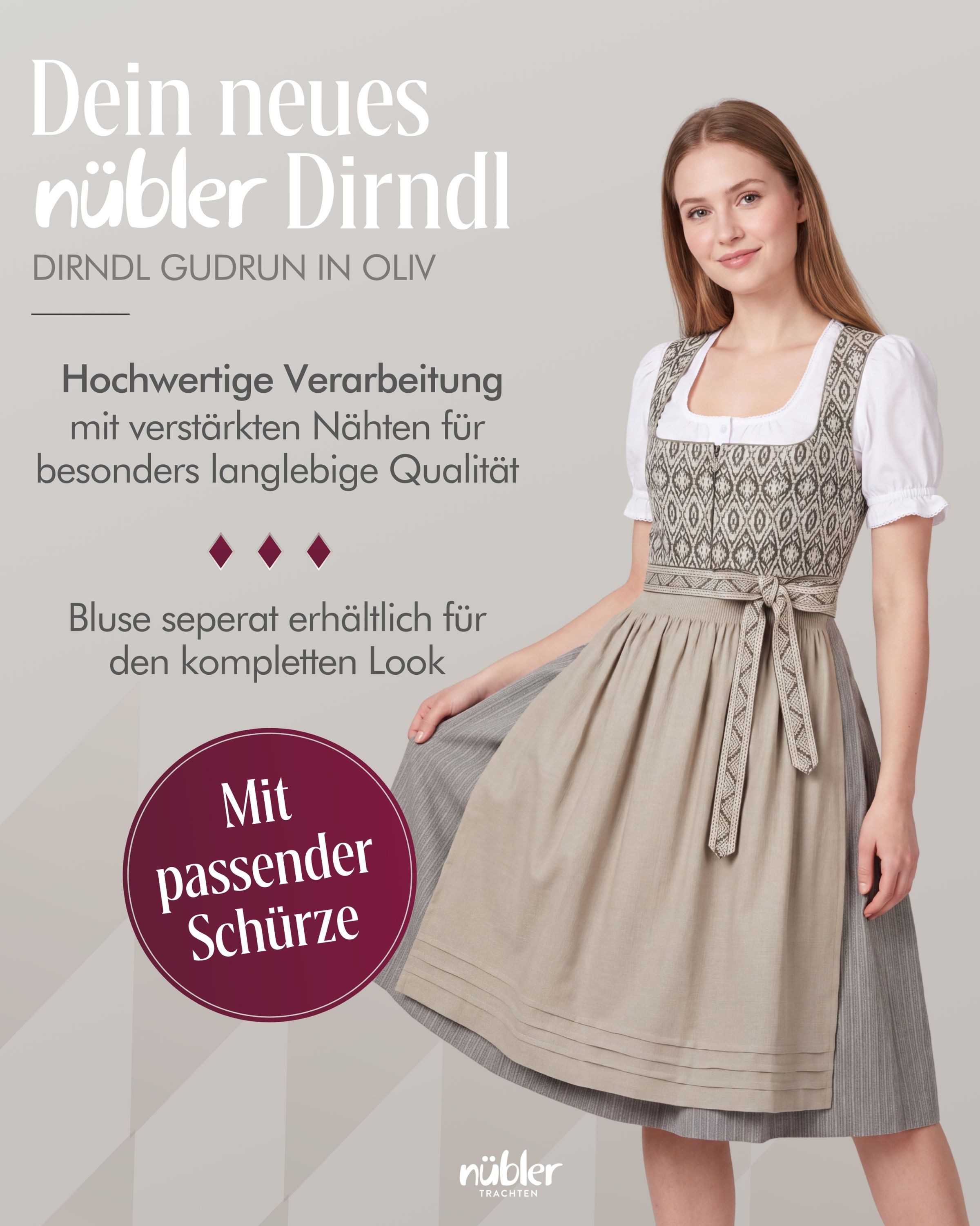Nübler Dirndl Midi Dirndl Gudrun in Oliv von Nübler - Rocklänge 70 cm