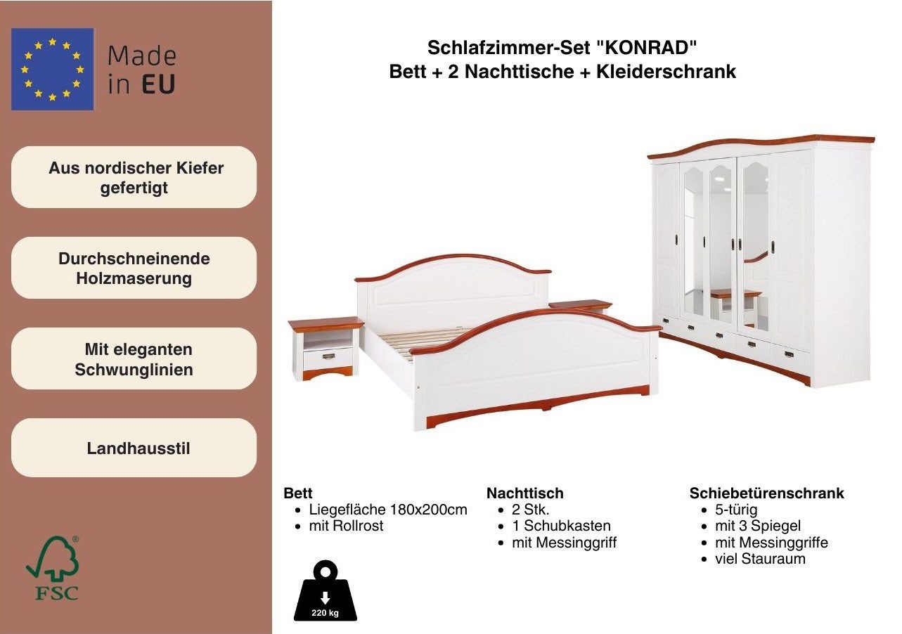 OTTO home Schlafzimmer-Set Konrad', komplettes Schlafzimmer mit großem Schrank, (Set, 4-tlg., Kleiderschrank 5 türig mit Schubladen, 2 Nachttische, Bett 180x200cm), mit 5-trg. Kleiderschrank, Bett 180/200 cm und 2 Nachttischen
