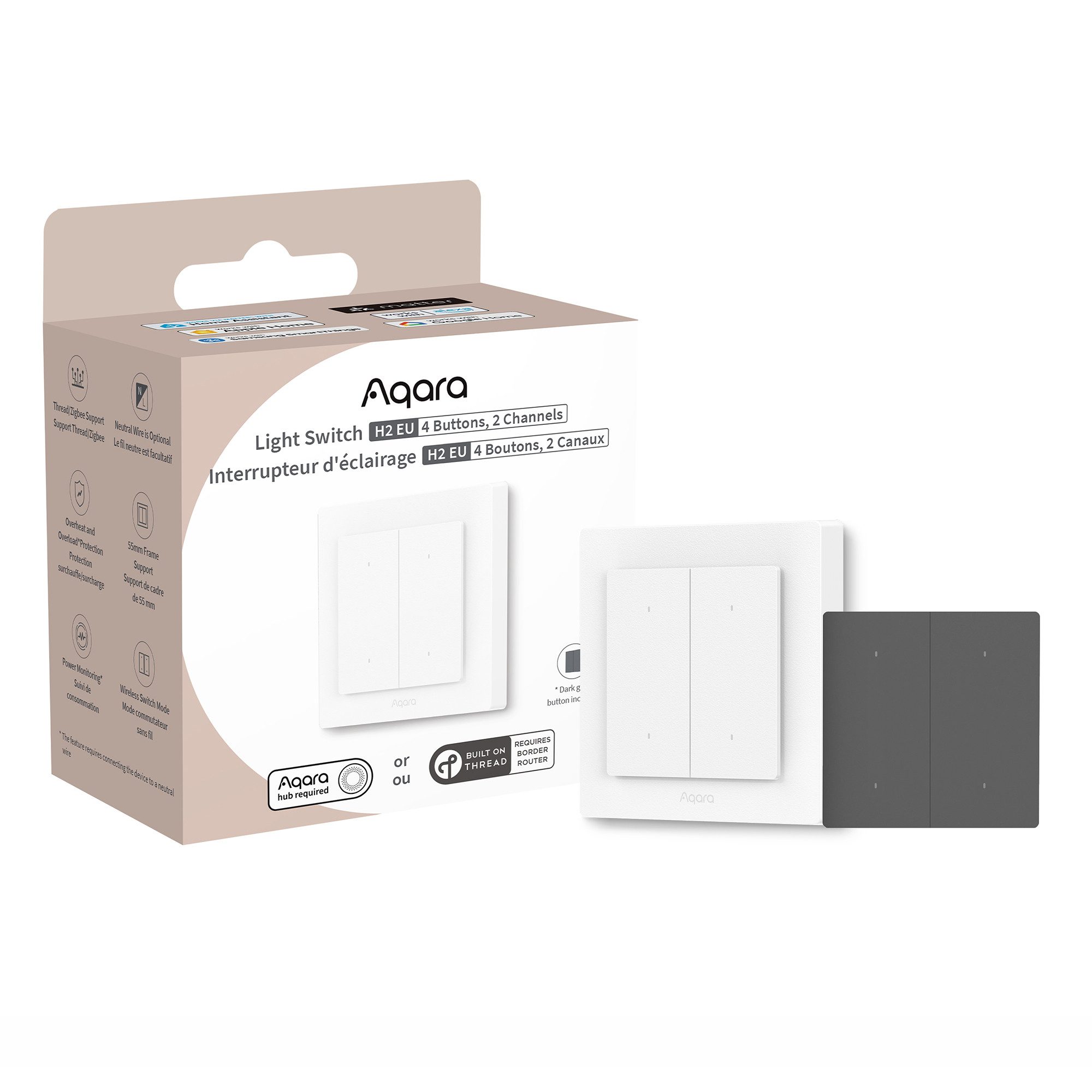 Aqara Wandschalter H2 EU, Smarter Lichtschalter, Thread/Zigbee, Matter über Thread, Unterstützung für 55 mm Rahmen