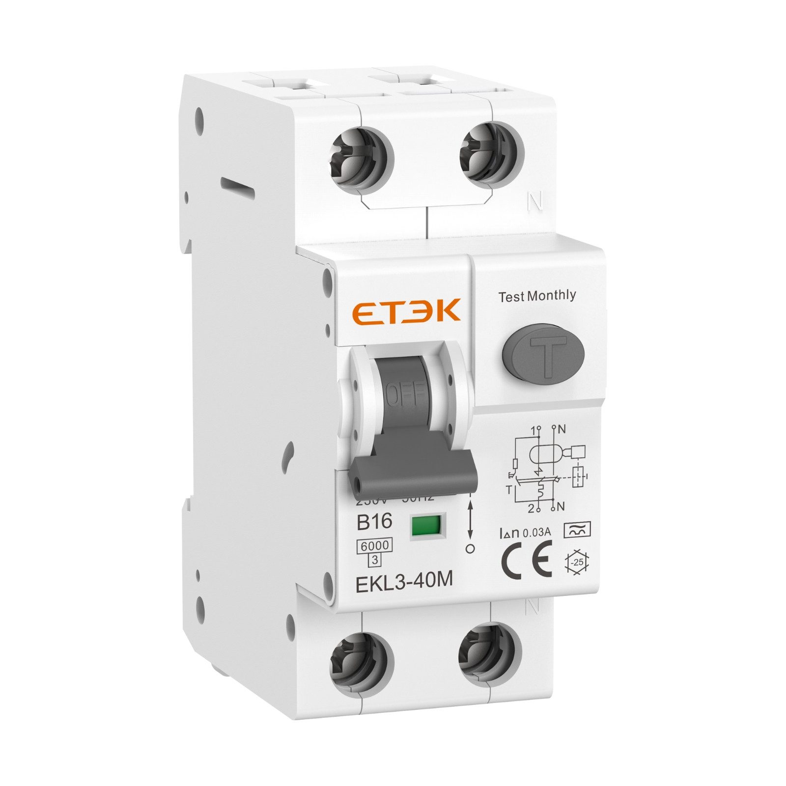 ETEK Electric Schalter ETEK FI-Schutzschalter/Leitungsschutzschalter 16A 6kA 1P+N 30mA EKL3, FI/LS (RCBO), Auslösecharakteristik B