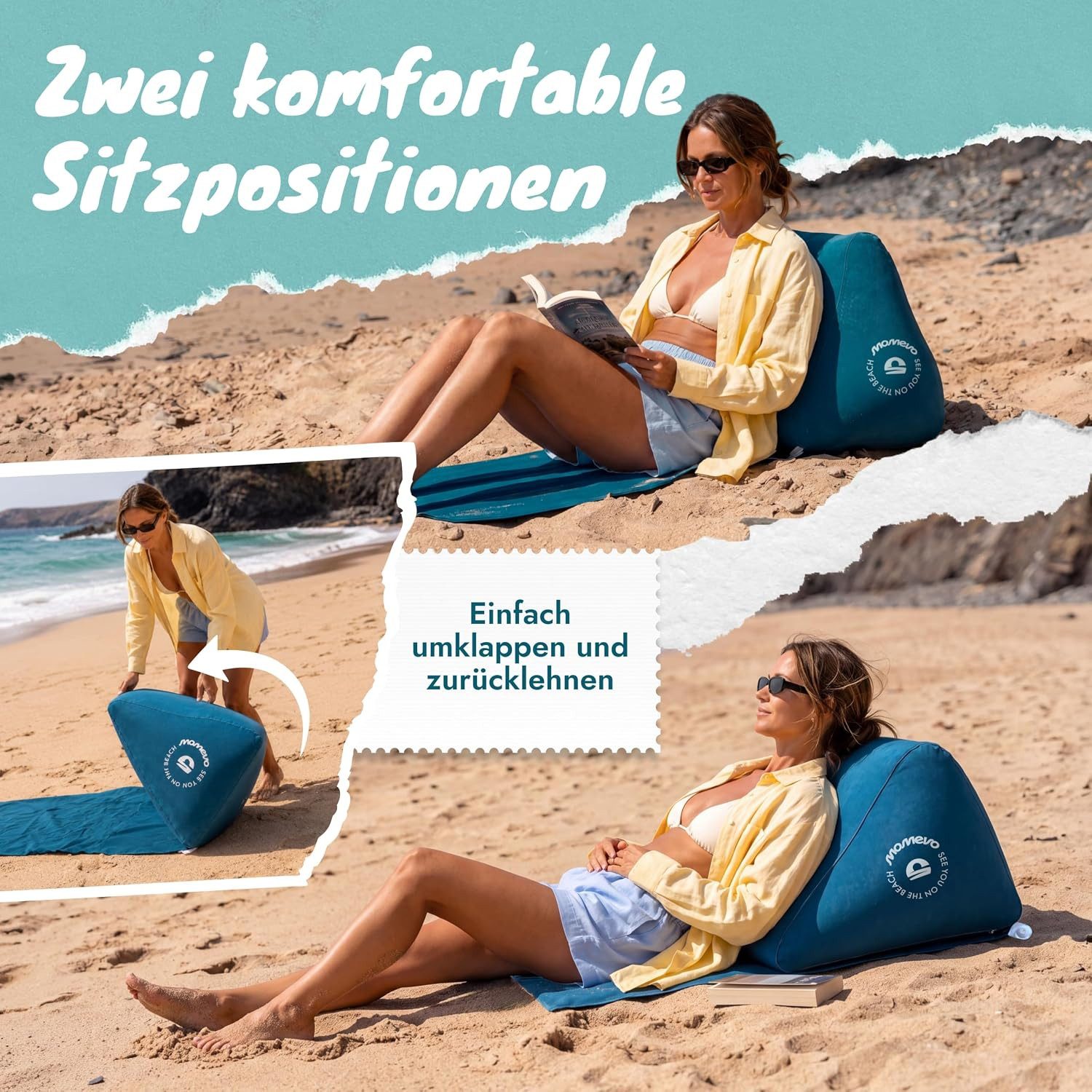 Momevo Multifunktionsliege Airlounge aufblasbare Strandlehne Petrolblau, 2 Positionen, bis 150 kg – Bild 3 von 5