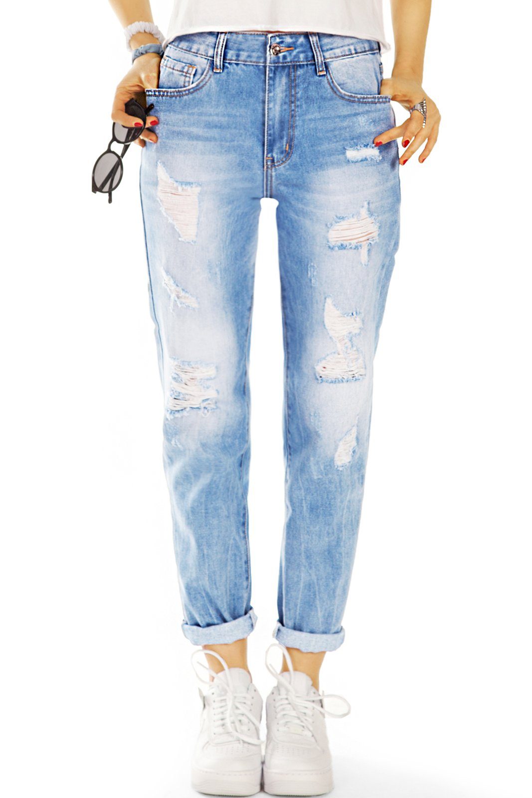 - Damen Destroyed Mom-Jeans - j6e Bequem 5-Pocket-Style Mom styled Waist High Hose be Jeans Locker -