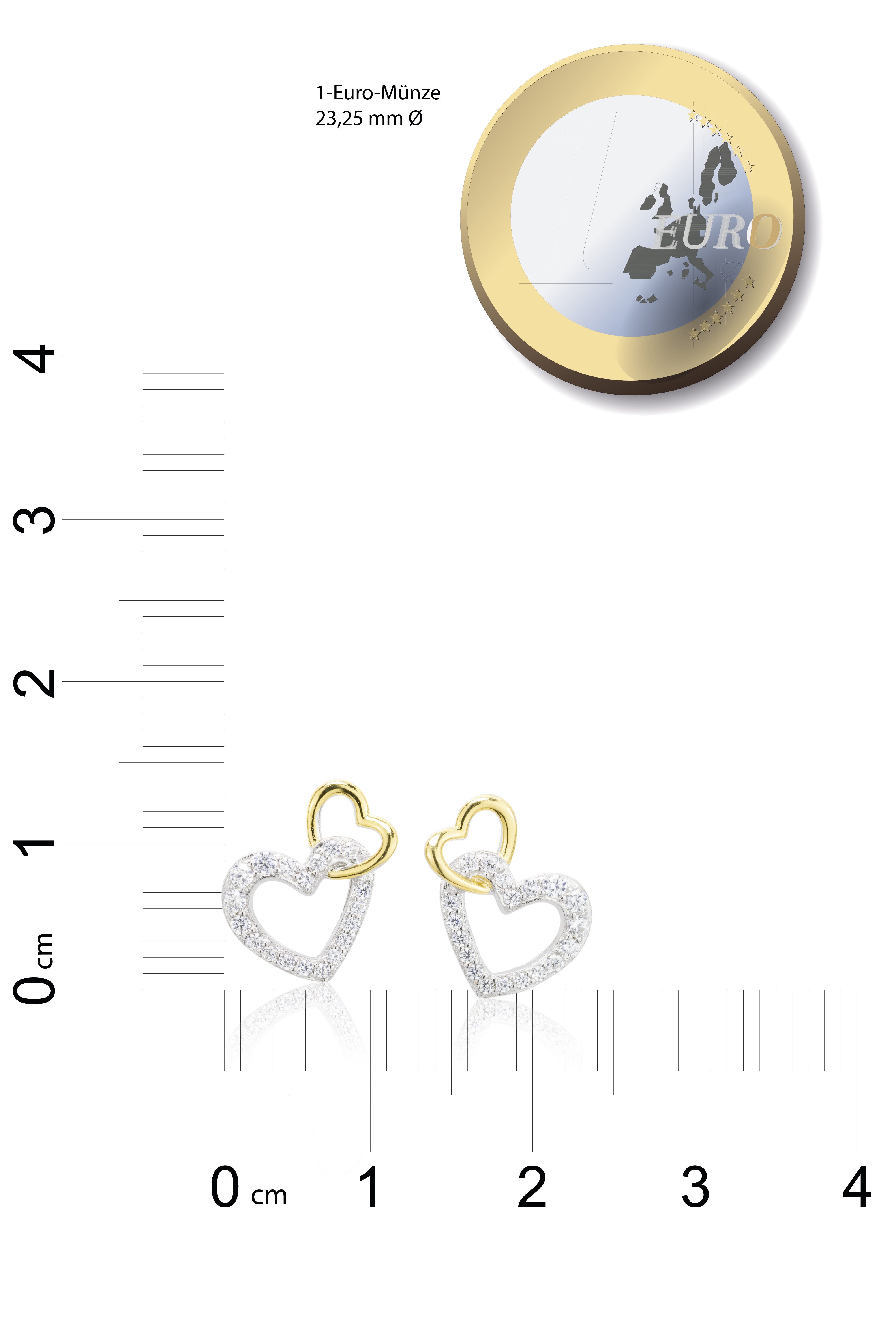 SCHEPPE SCHMUCK Paar Ohrstecker Ohrringe - 925 Sterling Silber - goldenes Herz - je 19 Cubic Zirkonia (2-tlg., incl. Schmuckschachtel), 2,17 x 0,91 x 0,15 cm