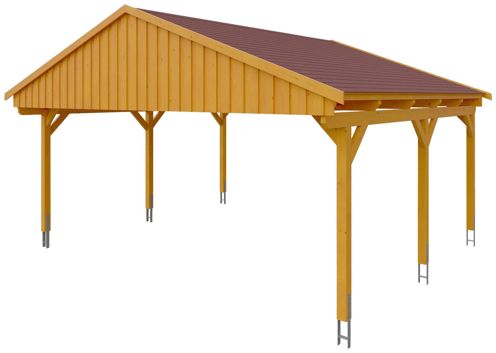 Skanholz Doppelcarport Fichtelberg, BxT: 618x566 cm, 574 cm Einfahrtshöhe,  mit roten Schindeln, Inkl. H-Pfostenanker, Pfostenstärke (BxT): ca. 12x12 cm