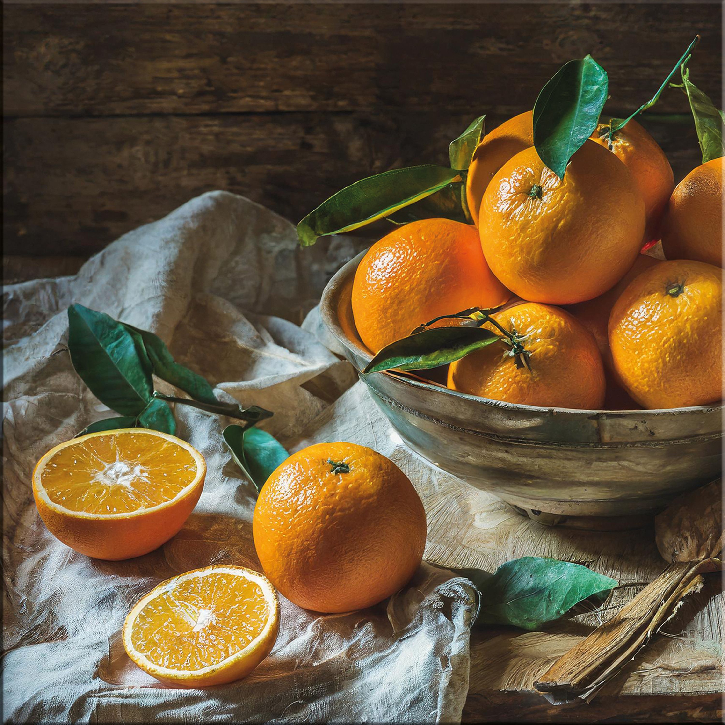 artissimo Glasbild Glasbild 30x30cm Bild Küche Küchenbild Esszimmer Obst Gemüse mediteran, Essen und Trinken: Vintage Orangen