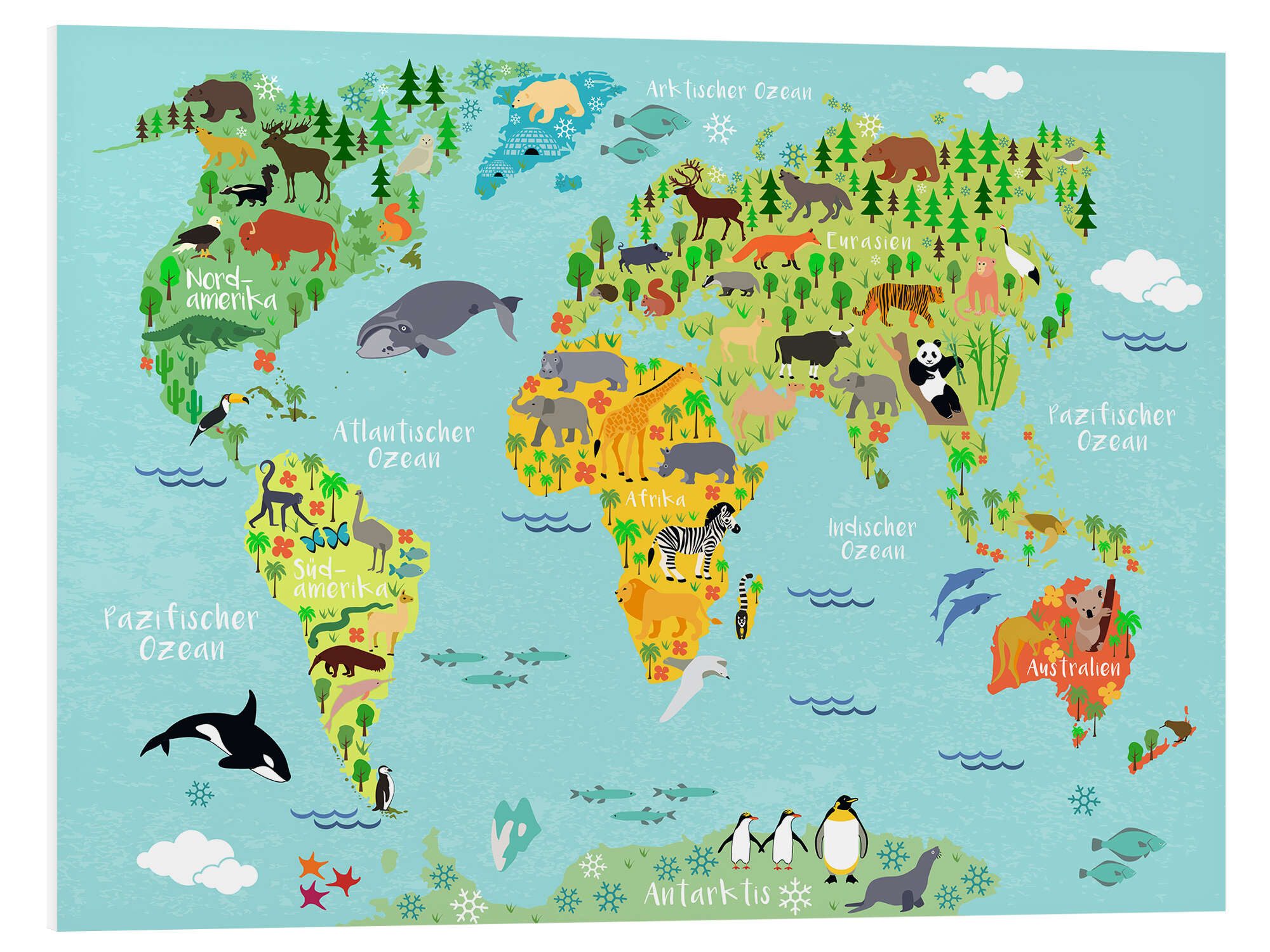 Posterlounge Wandbild Weltkarte der Tiere, Kidz Collection, erhältlich als Poster, Leinwandbild, Wandsticker oder Acrylglasbild