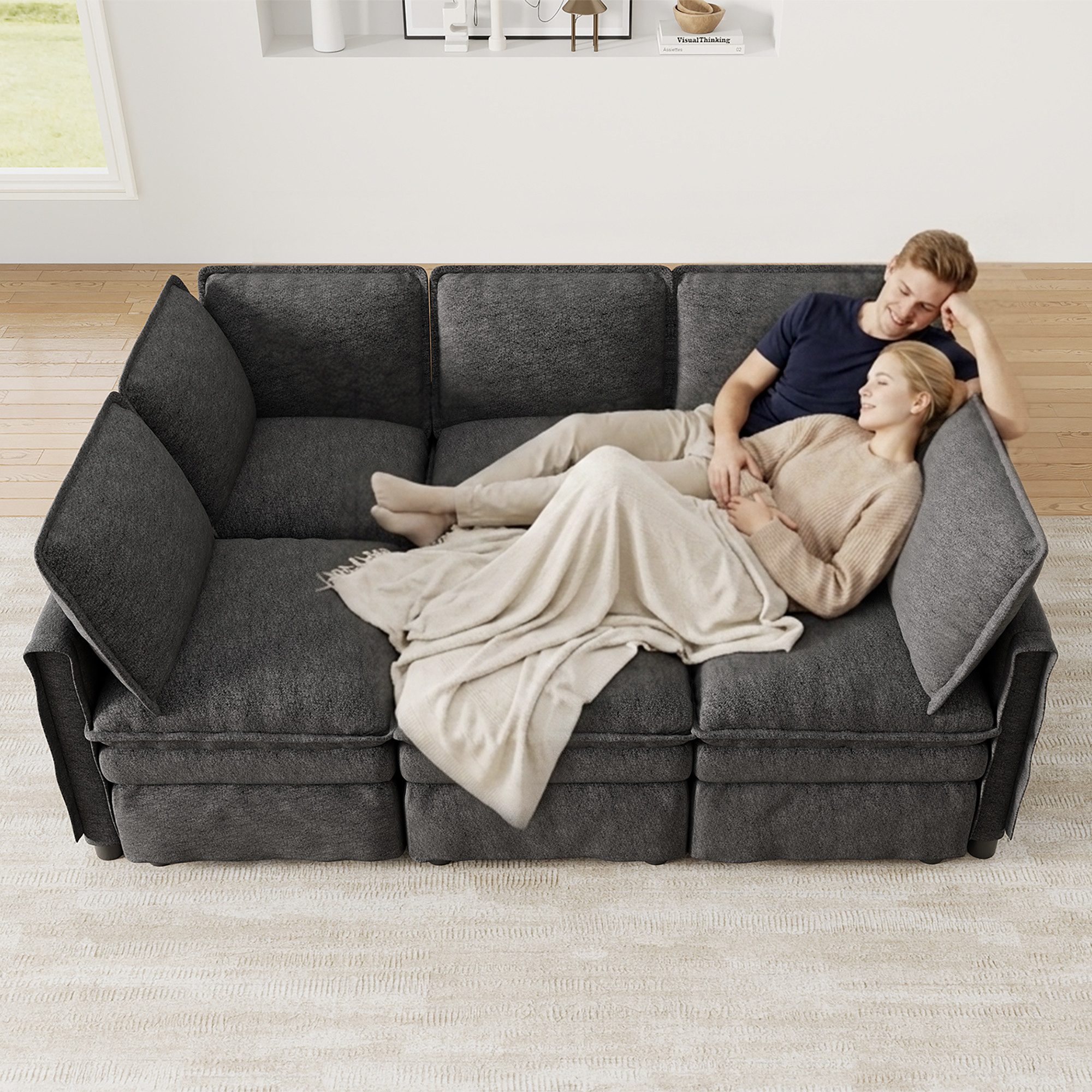 i@home Ecksofa Modulares Sofa mit Schlaffunktion, mit beweglichem Hocker, doppelter Sitzpolsterung, Chenille Sofa, beige, Eckcouch