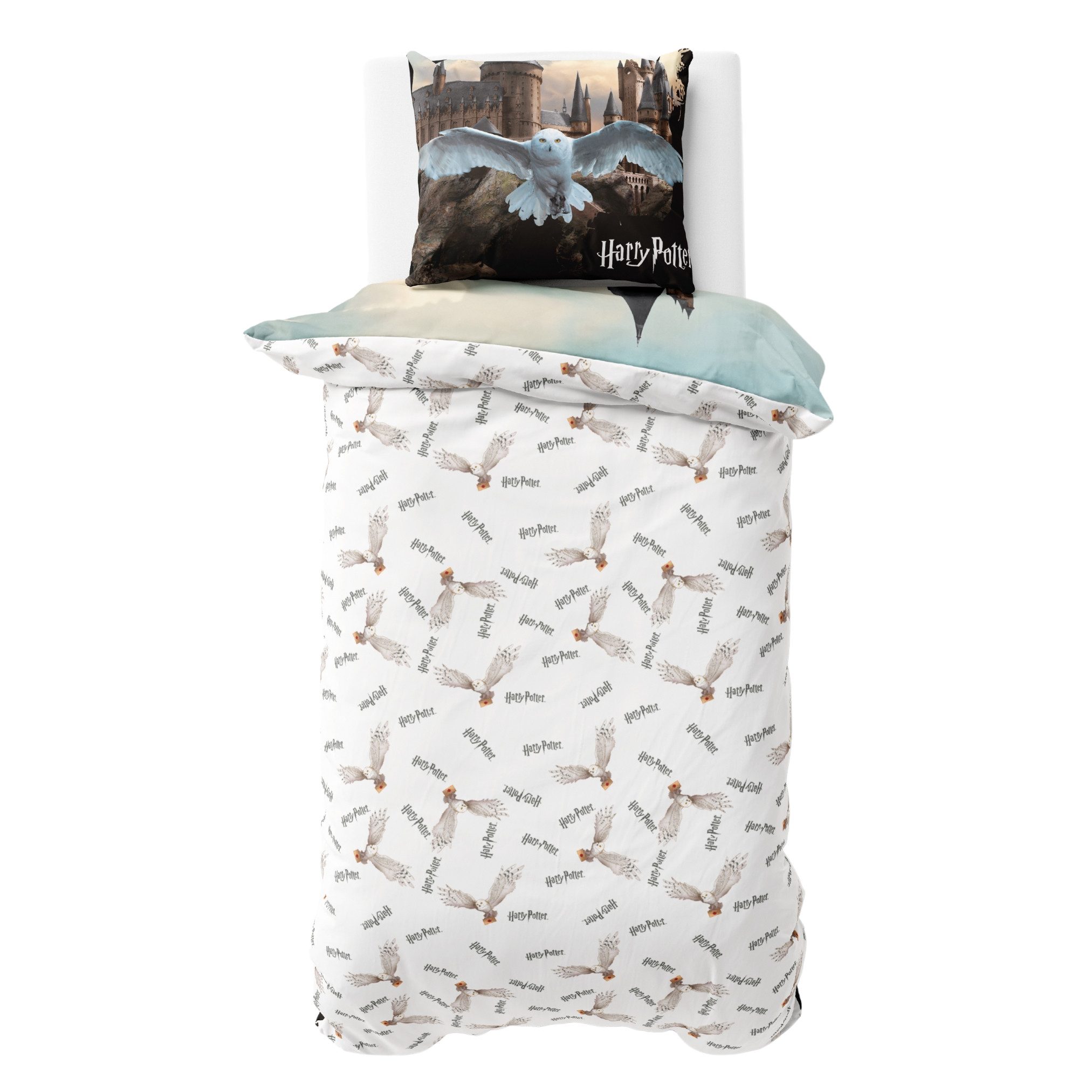 MTOnlinehandel Bettwäsche Harry Potter Fly, 135x200 + 80x80 cm in Renforcé, Hogwarts, 100% Baumwolle, 2 teilig, Eule Hedwig, für Kinder und Teenager, Geschenkidee